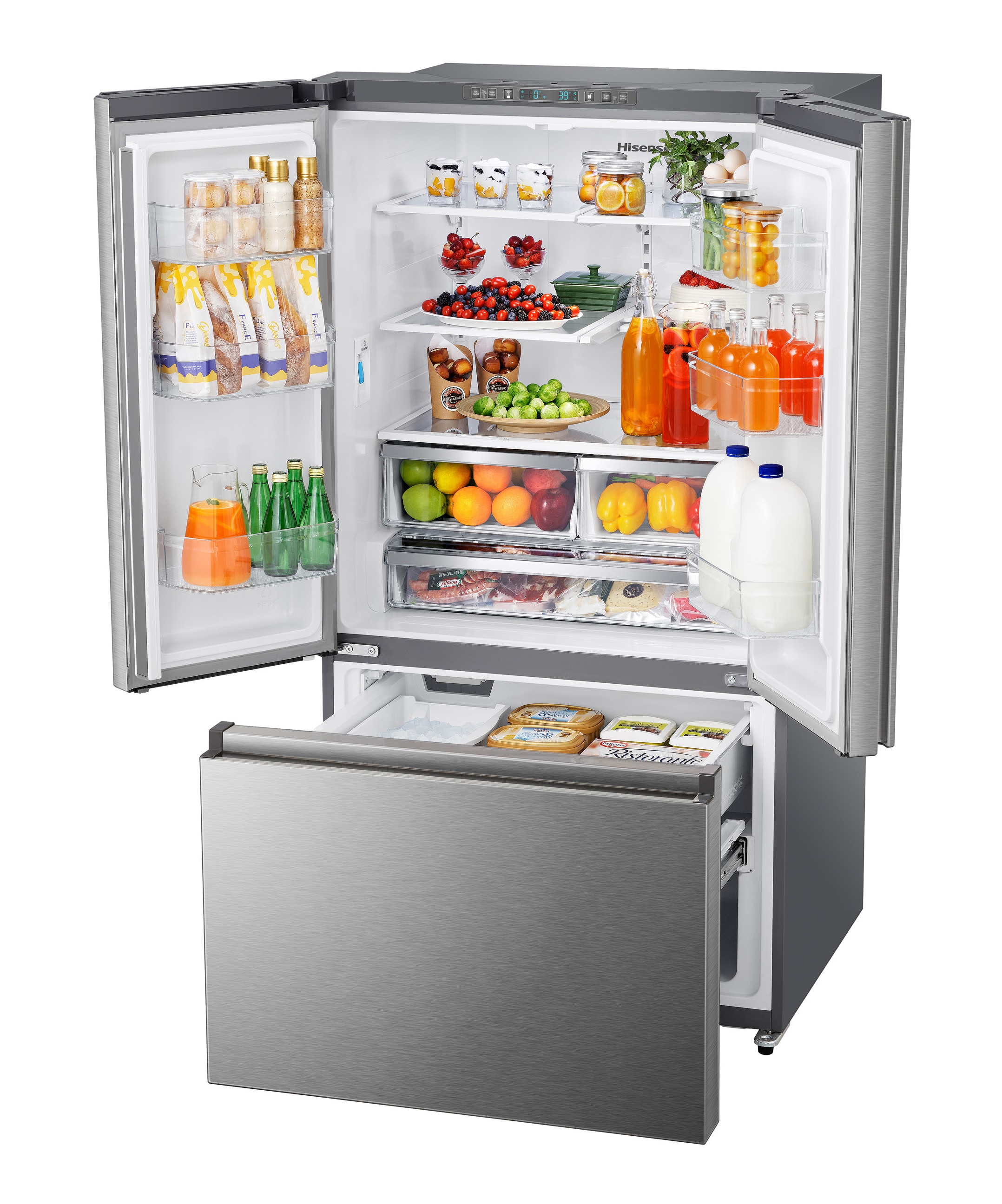 Refrigerador de Puertas Francesas de 3 Puertas Hisense PureFlat con Dispensador de Agua y Fábrica de Hielo, de 26.6 pies cúbicos de profundidad estándar (acero inoxidable resistente a huellas dactilares) Certificado ENERGY STAR HRF266N6CSE1