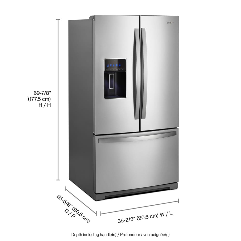 Refrigerador Francés de Doble Fabricador de Hielo con Dispensador de Agua y Hielo (Acero Inoxidable Resistente a Huellas Dactilares) Certificado ENERGY STAR de 26.8 pies cúbicos de Profundidad Estándar con 3 Puertas de Whirlpool WRF767SDHZ
