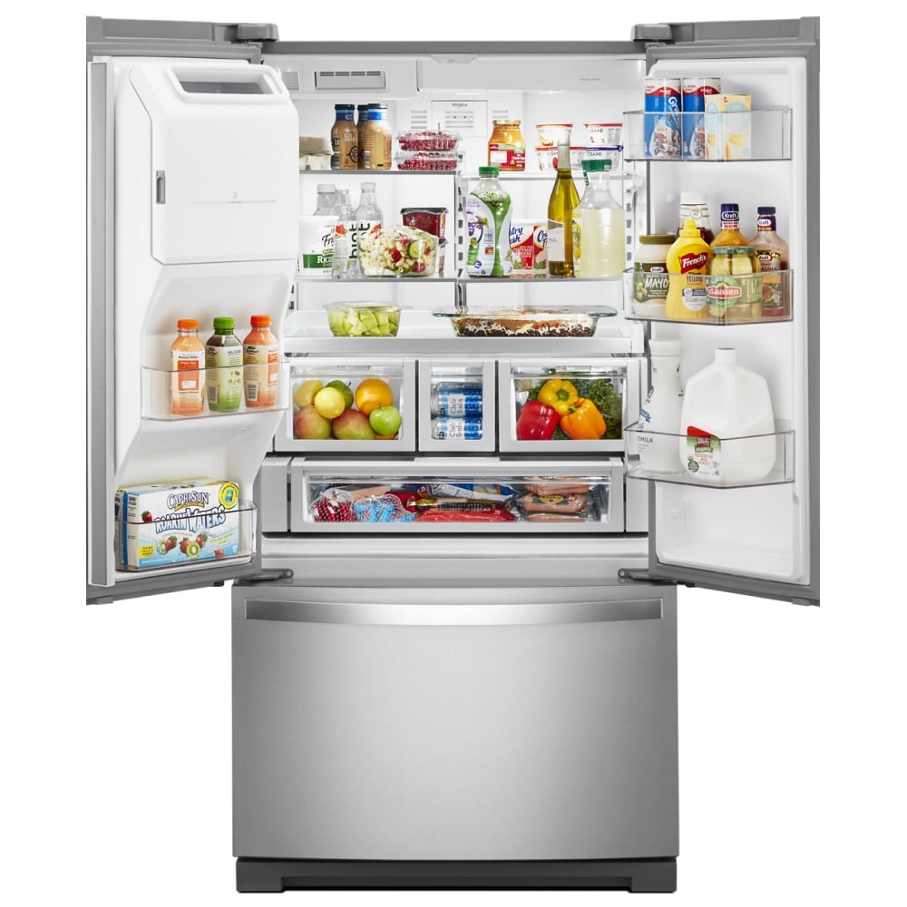 Refrigerador Francés de Doble Fabricador de Hielo con Dispensador de Agua y Hielo (Acero Inoxidable Resistente a Huellas Dactilares) Certificado ENERGY STAR de 26.8 pies cúbicos de Profundidad Estándar con 3 Puertas de Whirlpool WRF767SDHZ