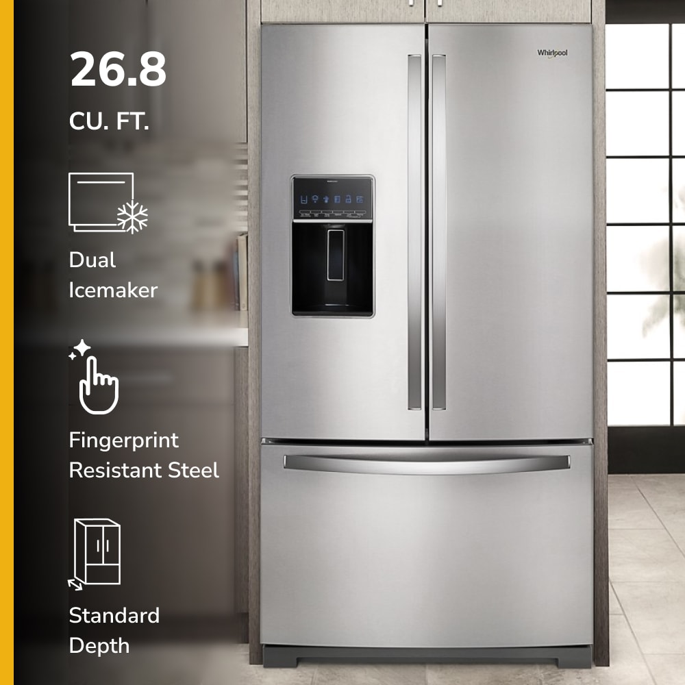 Refrigerador Francés de 3 Puertas con Doble Hielera y Dispensador de Agua e Hielo (Negro Resistente a las Huellas Dactilares) Certificado ENERGY STAR, Profundidad Estándar de 26.8 pies cúbicos Whirlpool WRF767SDHV
