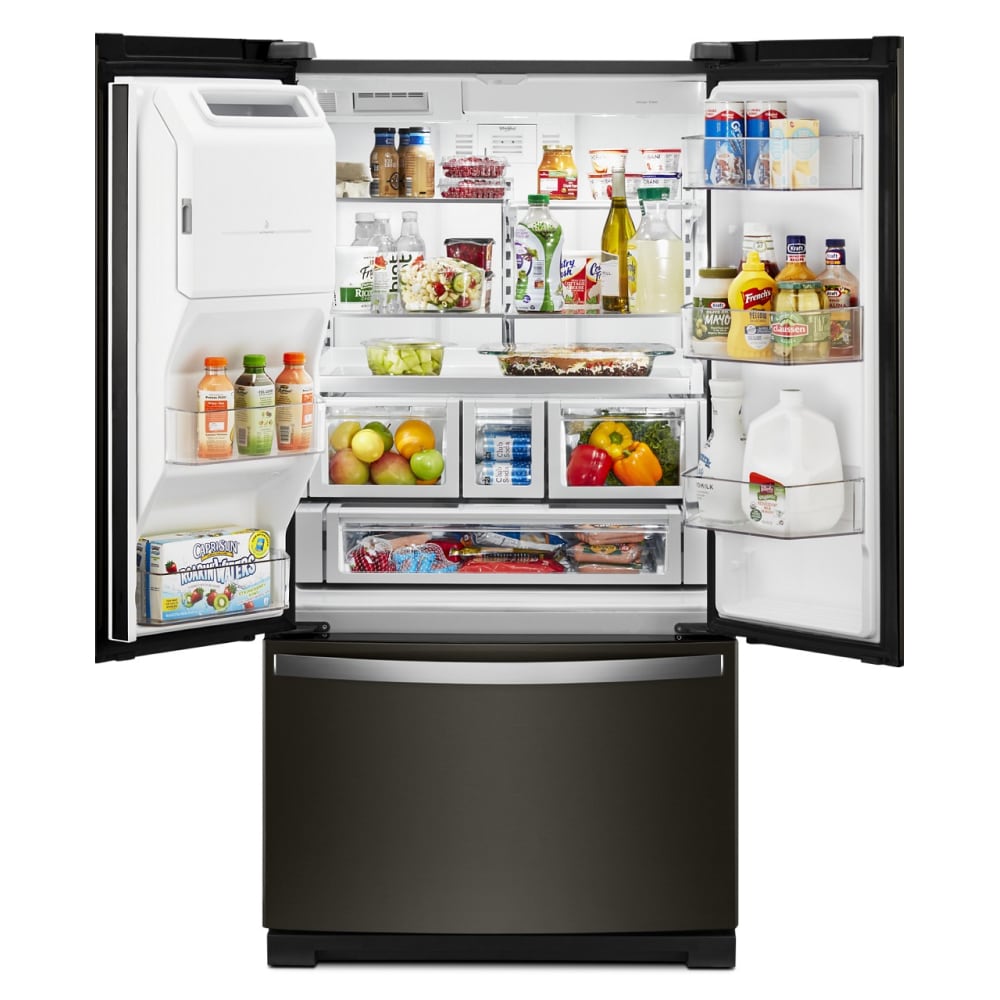Refrigerador Francés de 3 Puertas con Doble Hielera y Dispensador de Agua e Hielo (Negro Resistente a las Huellas Dactilares) Certificado ENERGY STAR, Profundidad Estándar de 26.8 pies cúbicos Whirlpool WRF767SDHV