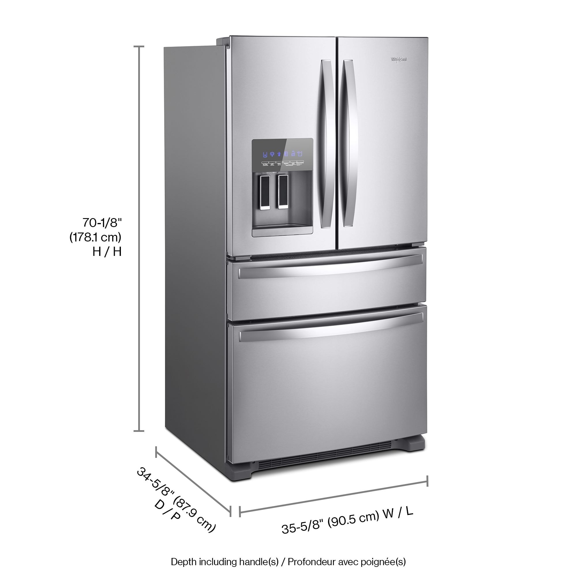 Refrigerador francés de puertas con dispensador de hielo y agua, certificado ENERGY STAR, acero inoxidable, Whirlpool, 24.5 pies cúbicos, profundidad estándar.