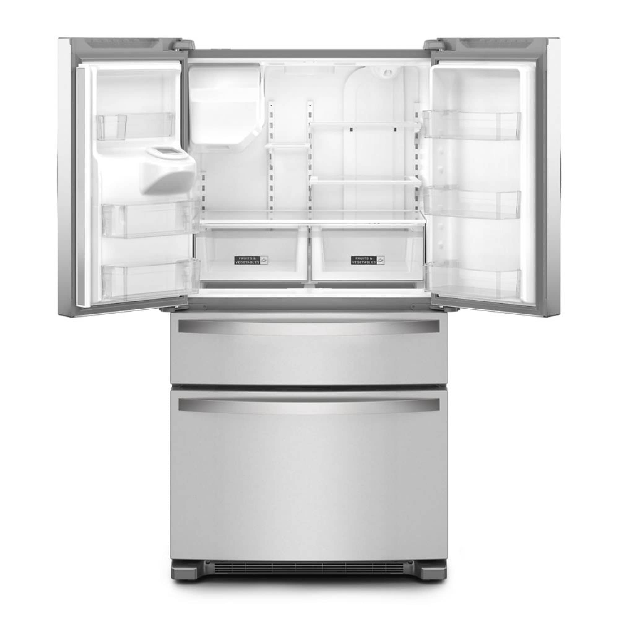 Refrigerador francés de puertas con dispensador de hielo y agua, certificado ENERGY STAR, acero inoxidable, Whirlpool, 24.5 pies cúbicos, profundidad estándar.