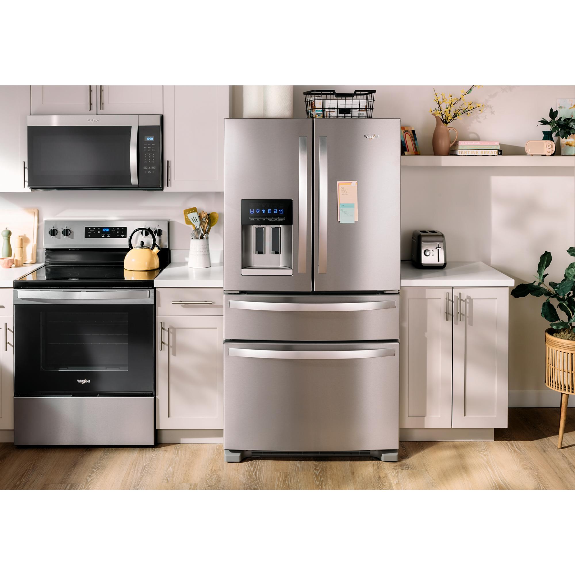 Refrigerador francés de puertas con dispensador de hielo y agua, certificado ENERGY STAR, acero inoxidable, Whirlpool, 24.5 pies cúbicos, profundidad estándar.