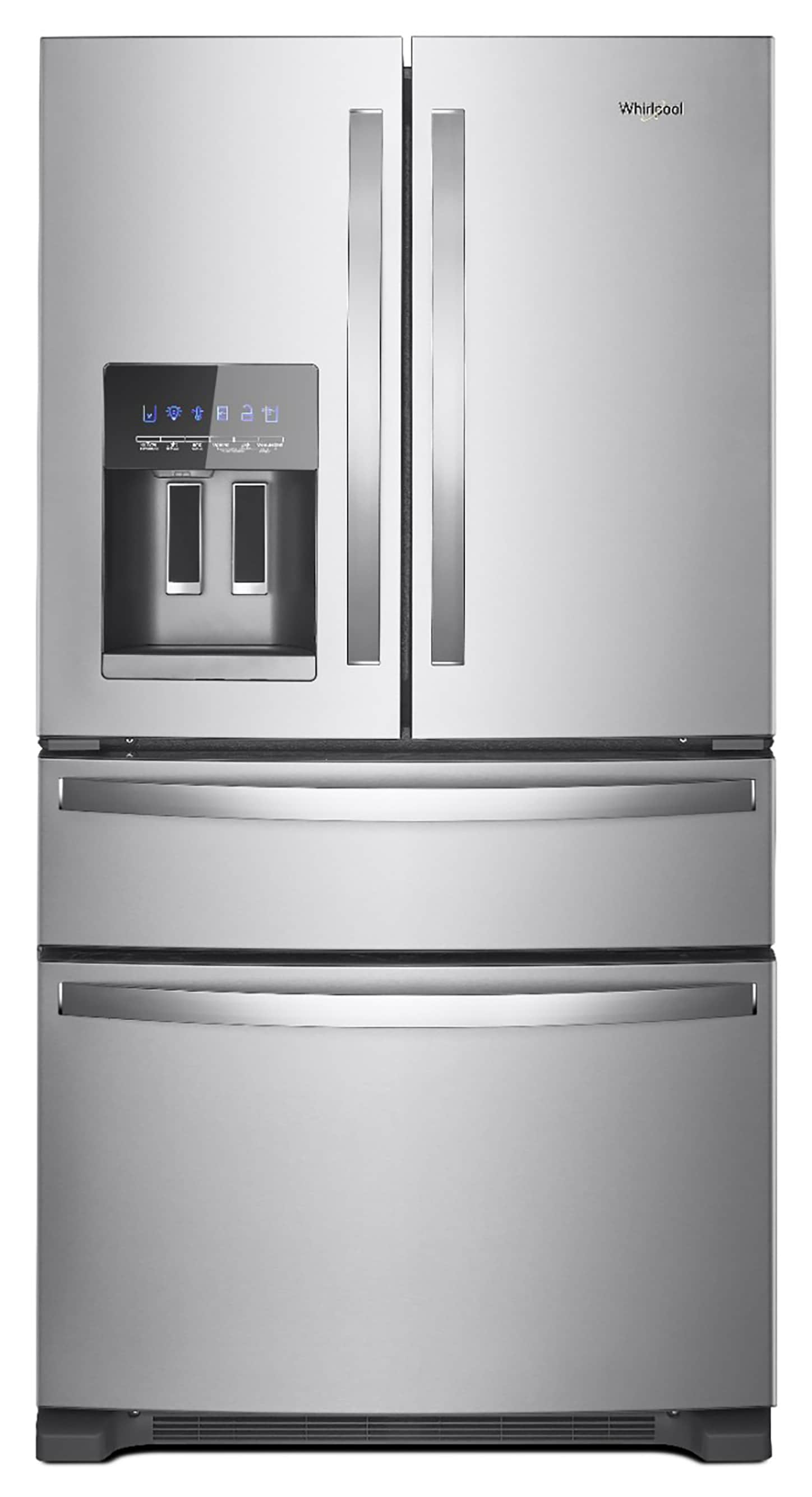 Refrigerador francés de puertas con dispensador de hielo y agua, certificado ENERGY STAR, acero inoxidable, Whirlpool, 24.5 pies cúbicos, profundidad estándar.