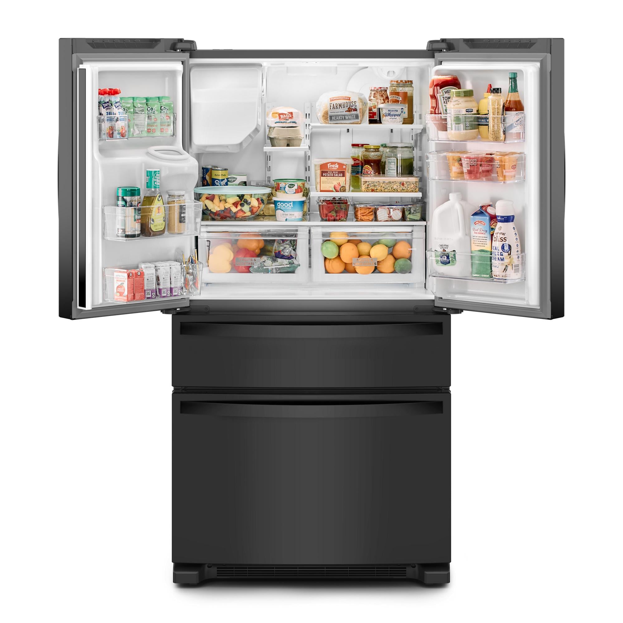 Refrigerador Empotrado de Puertas Francesas de 4 Puertas Whirlpool de 24.5 pies cúbicos de Profundidad Estándar con Fabricador de Hielo, Dispensador de Agua e Hielo (Negro) Certificado ENERGY STAR