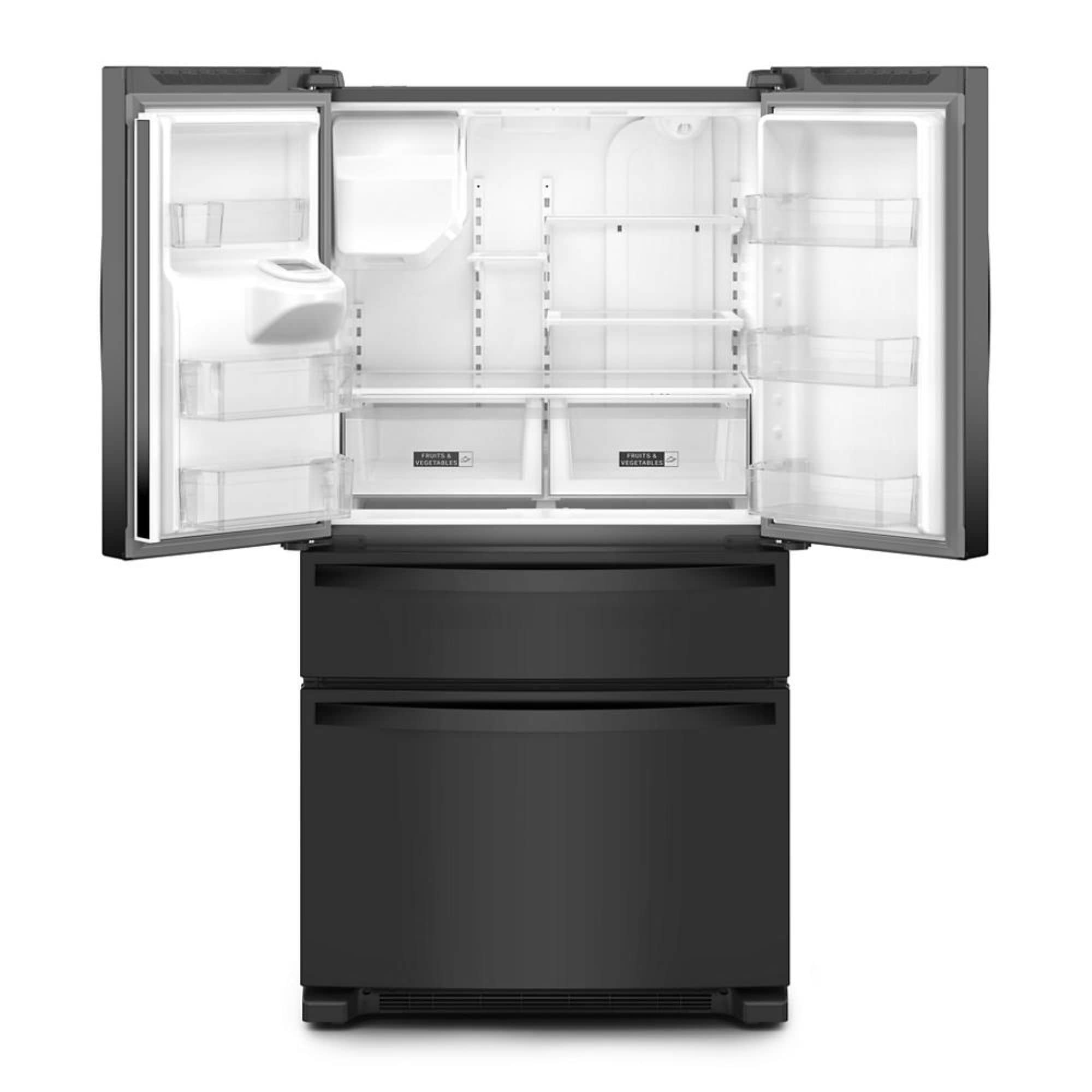 Refrigerador Empotrado de Puertas Francesas de 4 Puertas Whirlpool de 24.5 pies cúbicos de Profundidad Estándar con Fabricador de Hielo, Dispensador de Agua e Hielo (Negro) Certificado ENERGY STAR