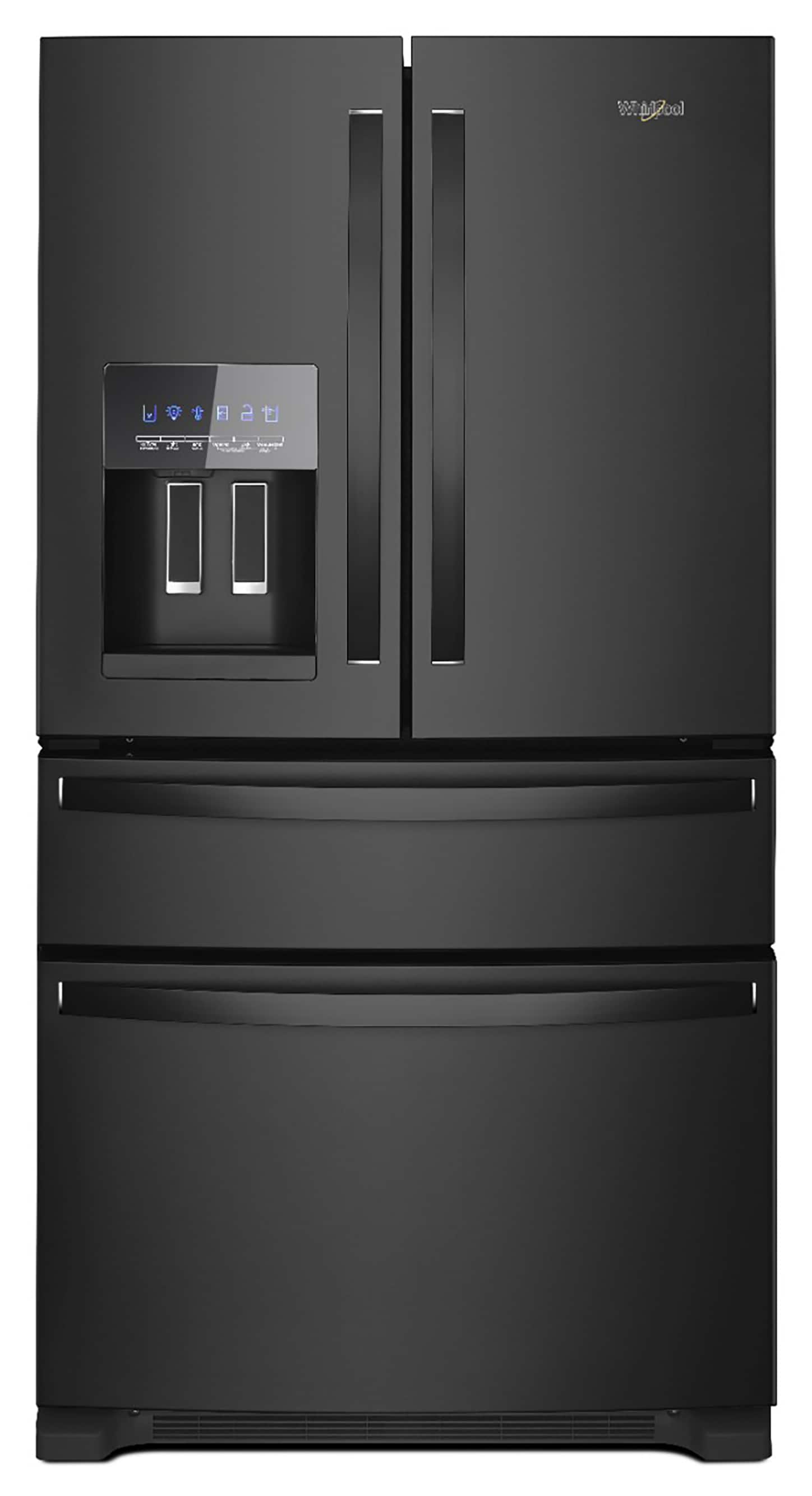 Refrigerador Empotrado de Puertas Francesas de 4 Puertas Whirlpool de 24.5 pies cúbicos de Profundidad Estándar con Fabricador de Hielo, Dispensador de Agua e Hielo (Negro) Certificado ENERGY STAR