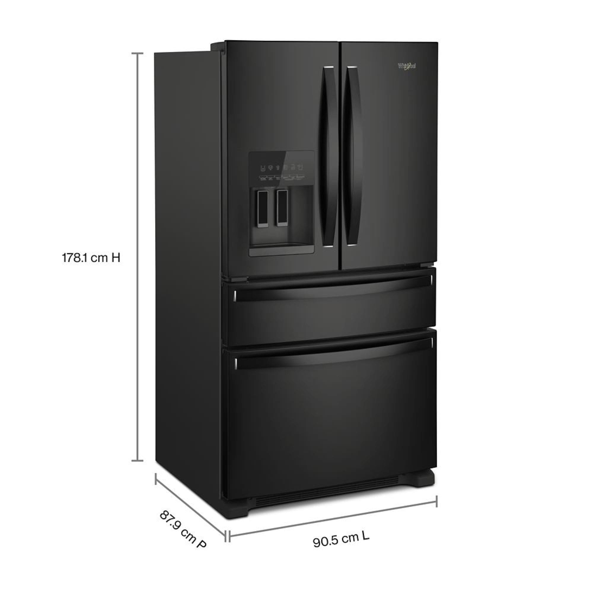 Refrigerador Empotrado de Puertas Francesas de 4 Puertas Whirlpool de 24.5 pies cúbicos de Profundidad Estándar con Fabricador de Hielo, Dispensador de Agua e Hielo (Negro) Certificado ENERGY STAR