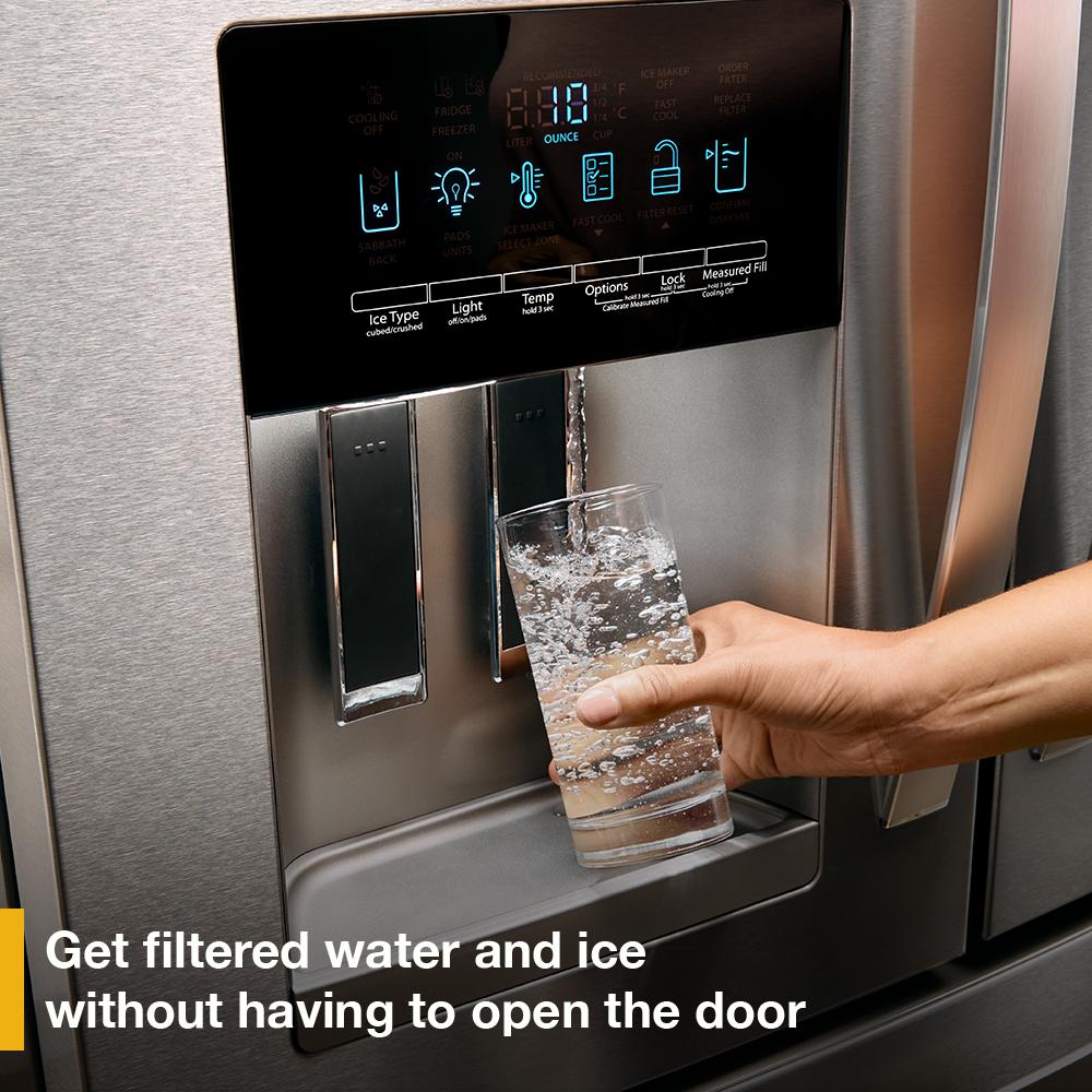 Refrigerador Empotrado de Puertas Francesas de 4 Puertas Whirlpool de 24.5 pies cúbicos de Profundidad Estándar con Fabricador de Hielo, Dispensador de Agua e Hielo (Negro) Certificado ENERGY STAR