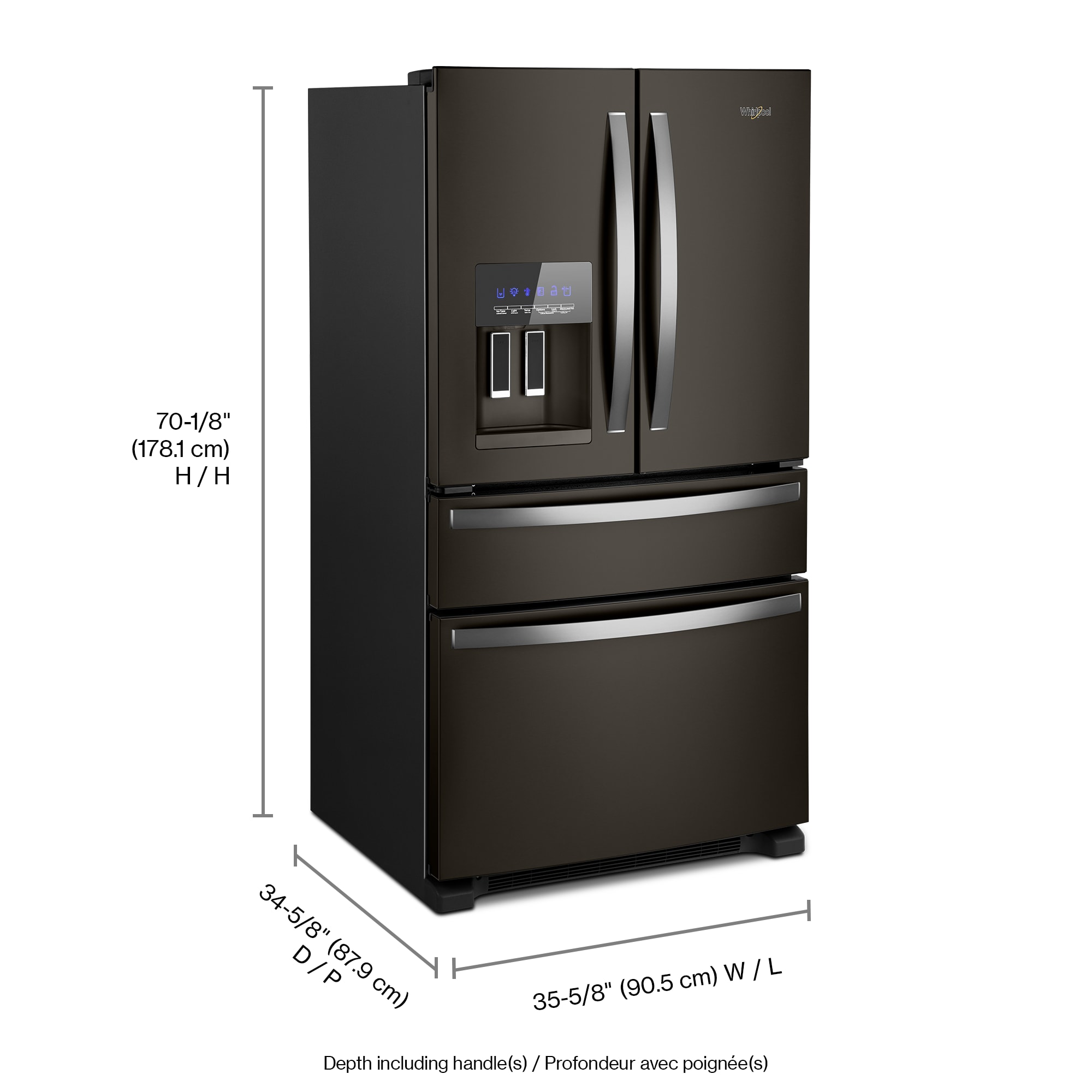 Refrigerador French Door de 4 puertas de profundidad estándar de 24.5 pies cúbicos con fabricador de hielo y dispensador de agua y hielo (Acero inoxidable negro) Certificado ENERGY STAR WRMF3636RV