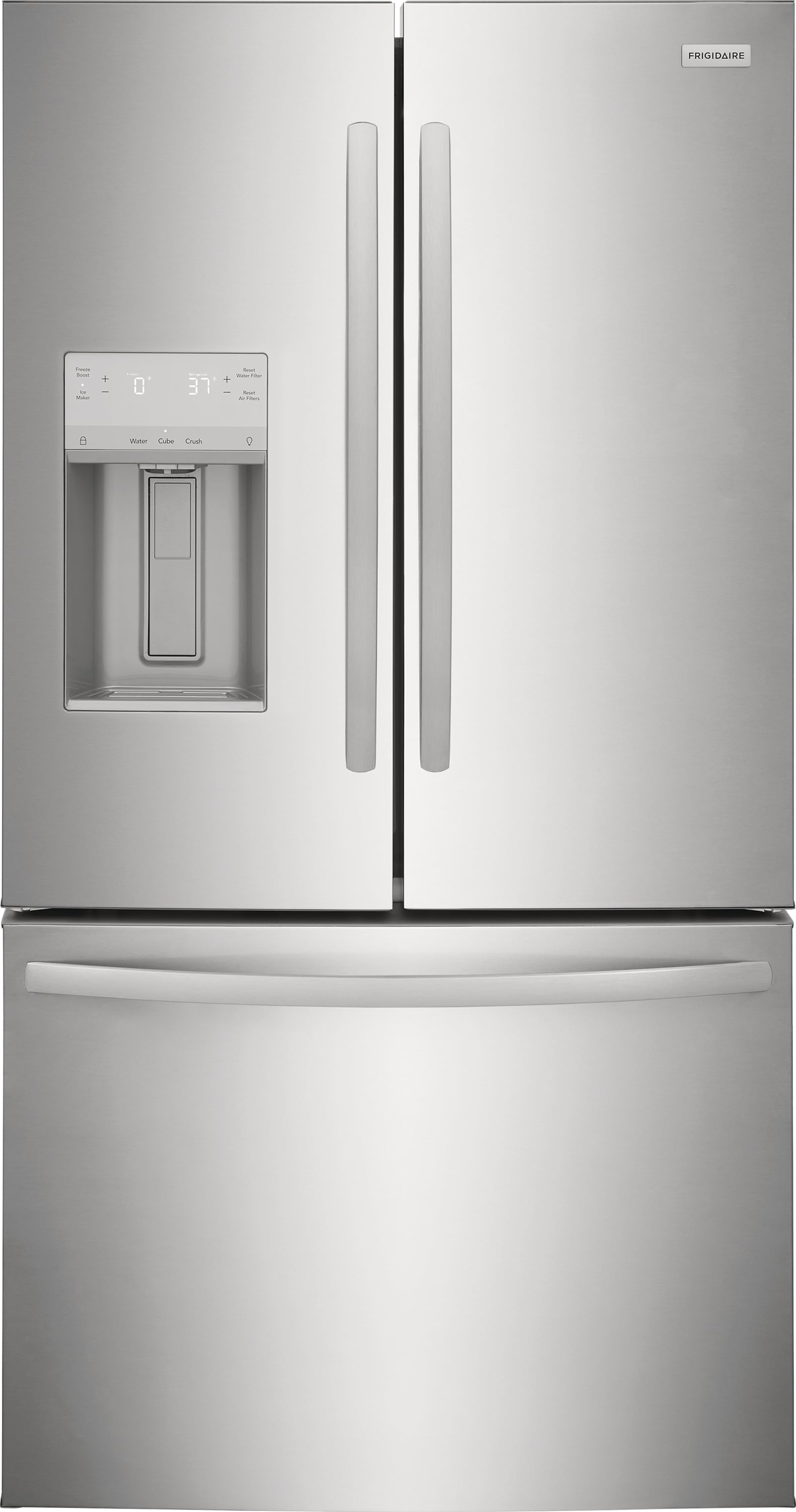 Refrigerador de Puerta Francés de 3 Puertas de 27.8 pies cúbicos de Profundidad Estándar con Fabricador de Hielo, Dispensador de Agua y Hielo (Acero Inoxidable Resistente a Huellas) Certificado ENERGY STAR FRFS282LAF.