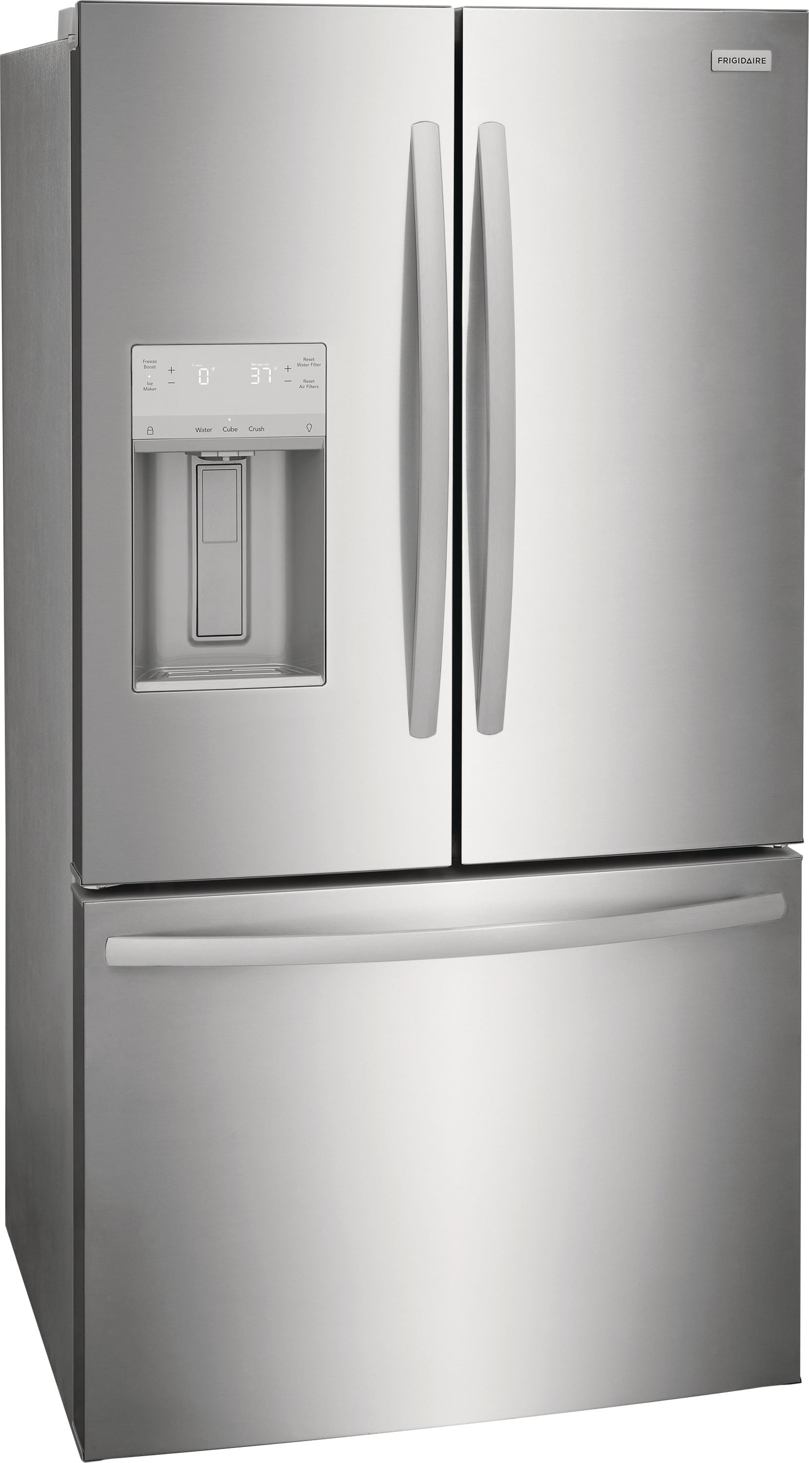 Refrigerador de Puerta Francés de 3 Puertas de 27.8 pies cúbicos de Profundidad Estándar con Fabricador de Hielo, Dispensador de Agua y Hielo (Acero Inoxidable Resistente a Huellas) Certificado ENERGY STAR FRFS282LAF.