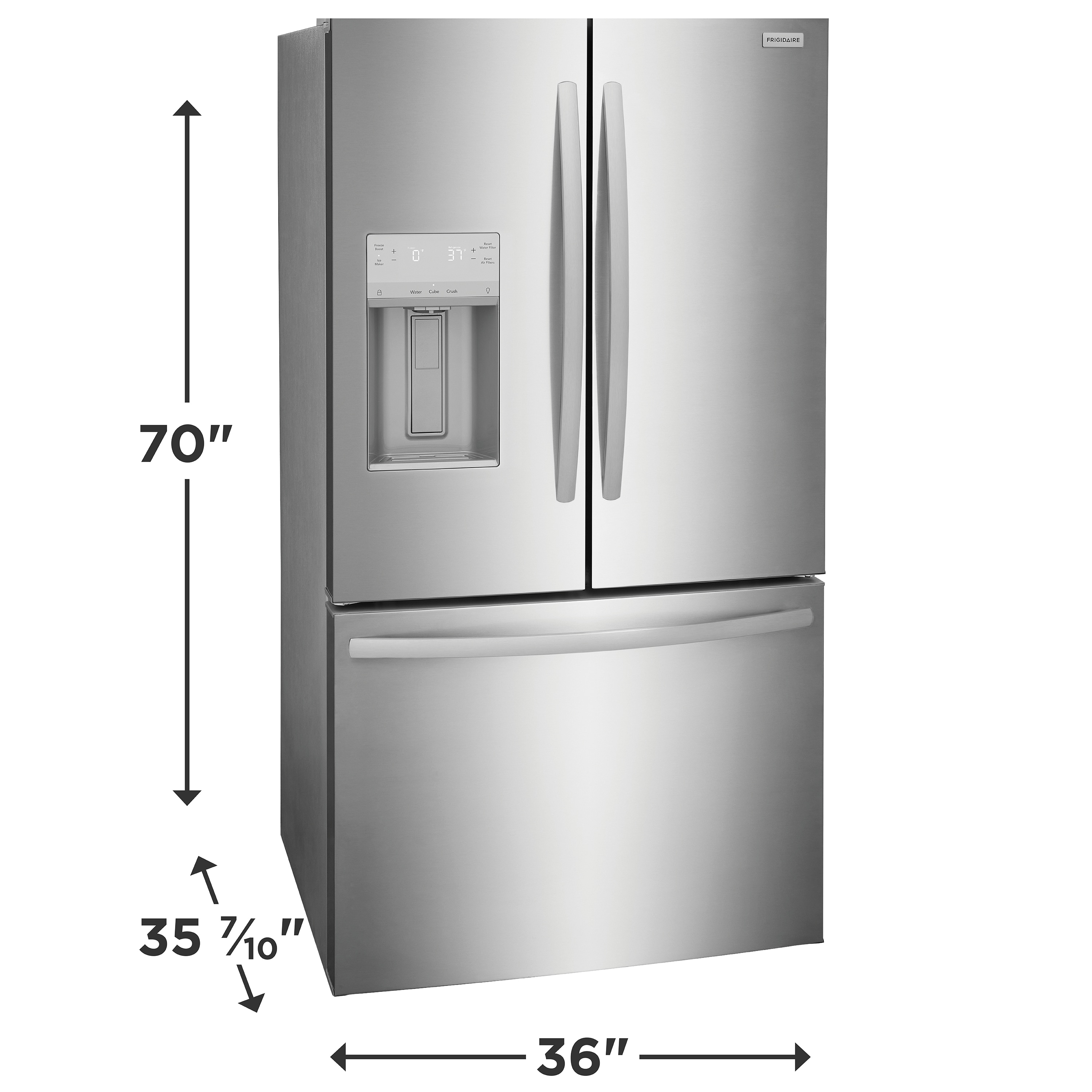 Refrigerador de Puerta Francés de 3 Puertas de 27.8 pies cúbicos de Profundidad Estándar con Fabricador de Hielo, Dispensador de Agua y Hielo (Acero Inoxidable Resistente a Huellas) Certificado ENERGY STAR FRFS282LAF.