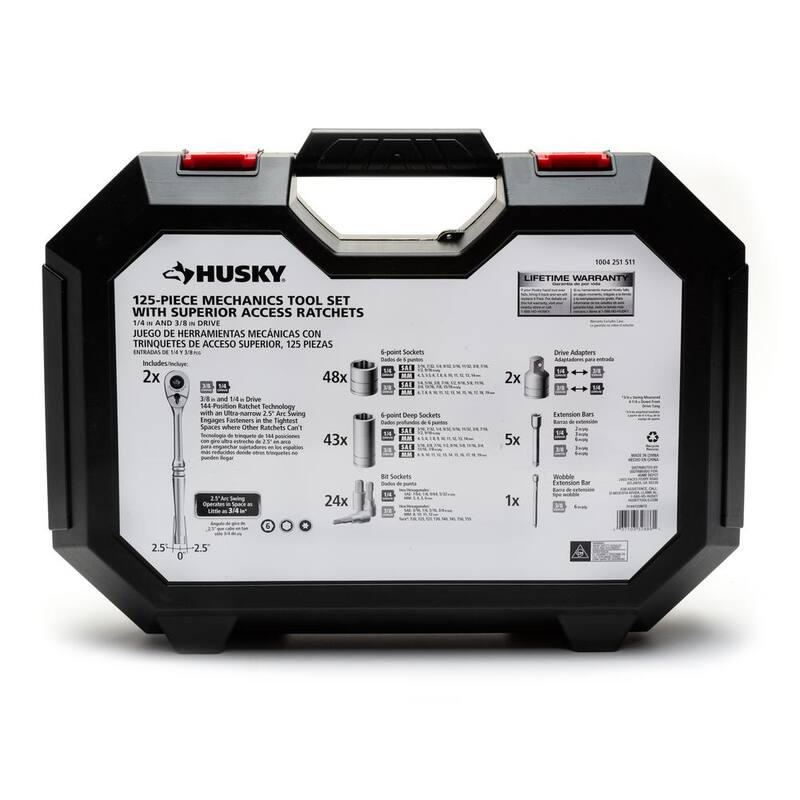 Set de herramientas para mecánicos Husky de 144 posiciones de 1/4 y 3/8 pulgadas (125 piezas) - H144125MTS
