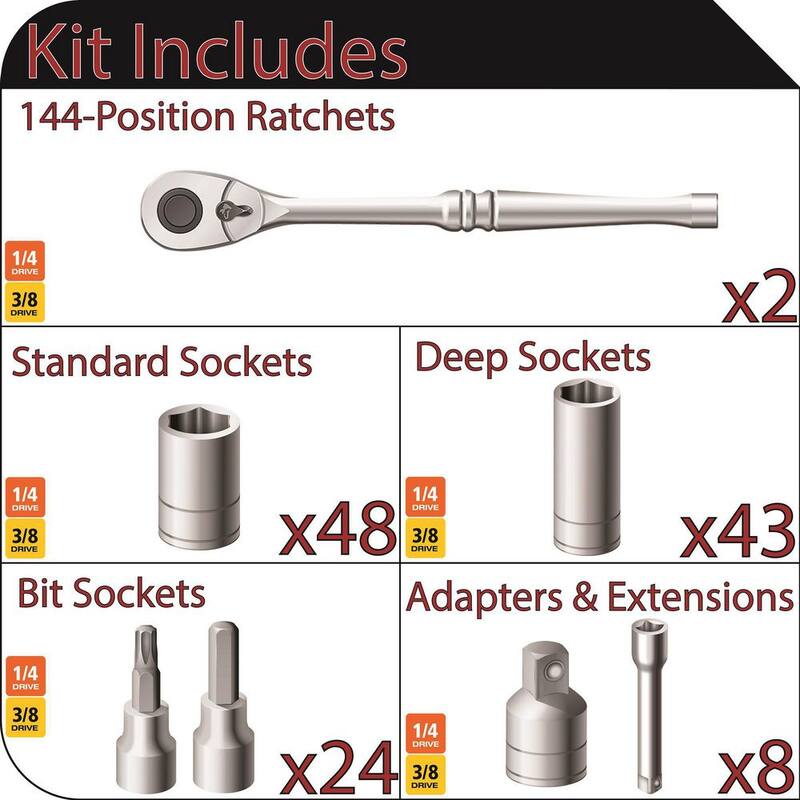 Set de herramientas para mecánicos Husky de 144 posiciones de 1/4 y 3/8 pulgadas (125 piezas) - H144125MTS