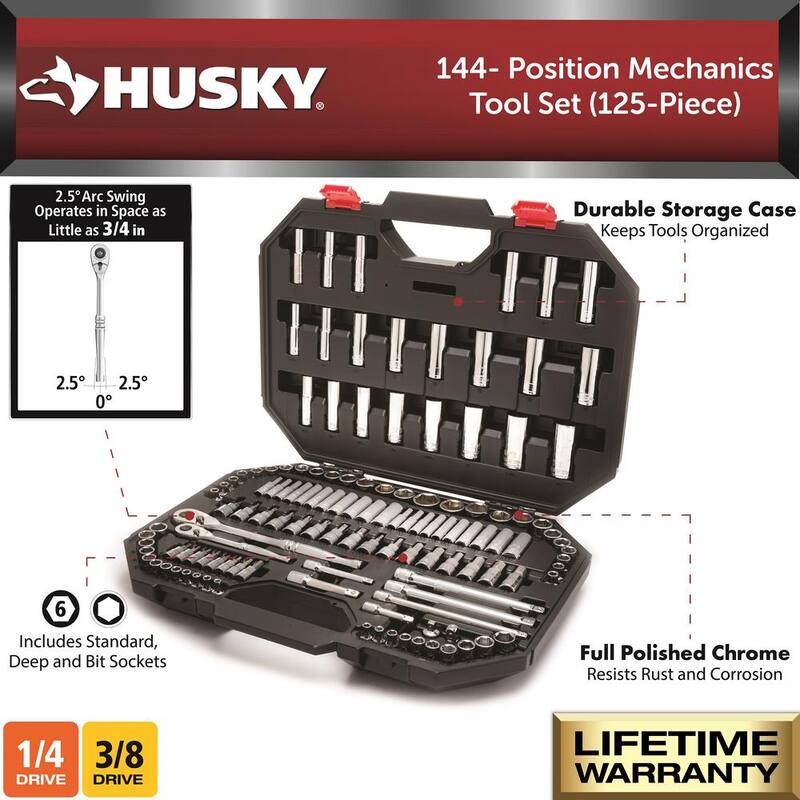 Set de herramientas para mecánicos Husky de 144 posiciones de 1/4 y 3/8 pulgadas (125 piezas) - H144125MTS