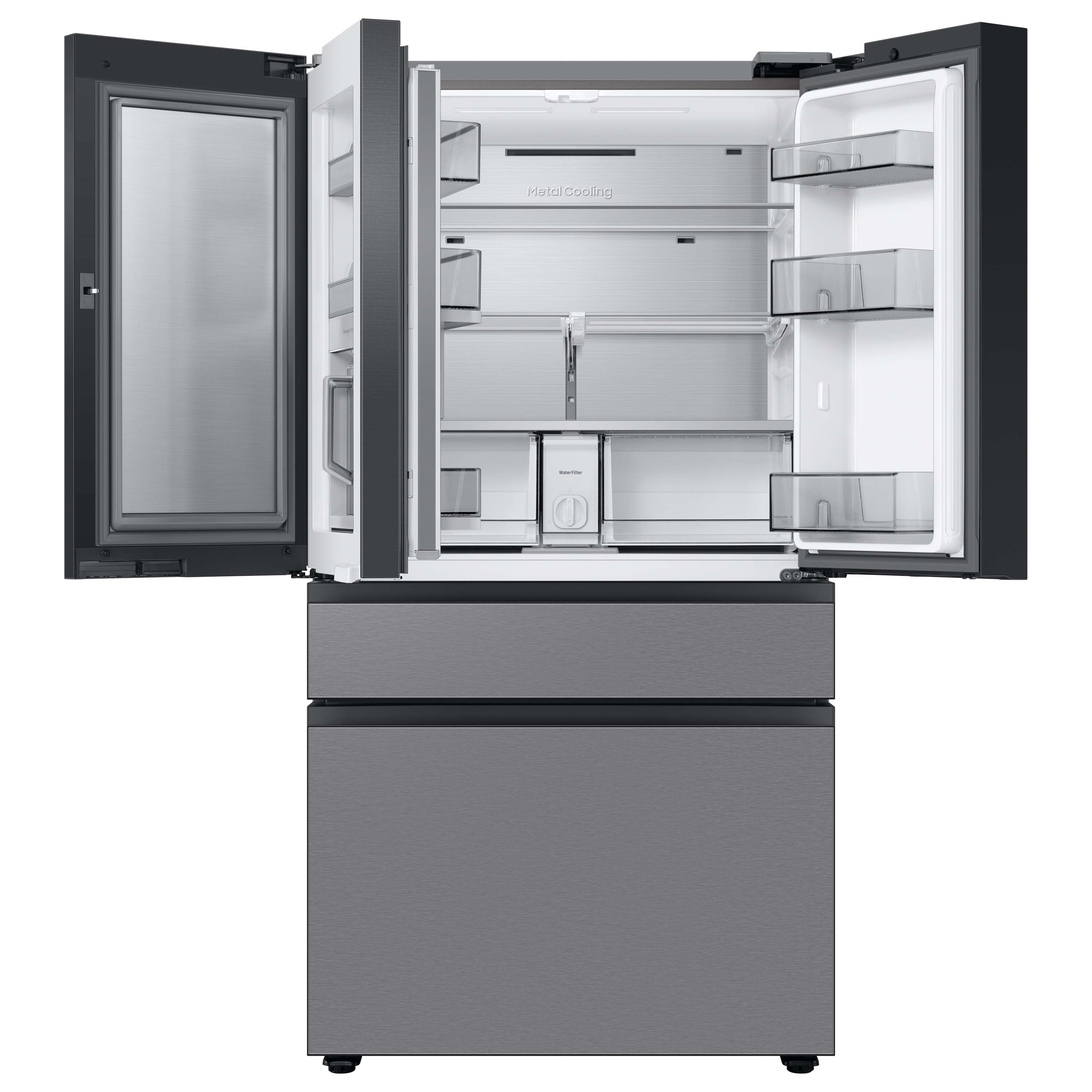 Refrigerador francés de puerta doble inteligente, con fabricador de hielo doble y dispensador de agua, resistente a las huellas dactilares, certificado ENERGY STAR - Samsung Bespoke Profundidad Estándar 28.8 pies cúbicos de capacidad con Puerta dentro de Puerta.