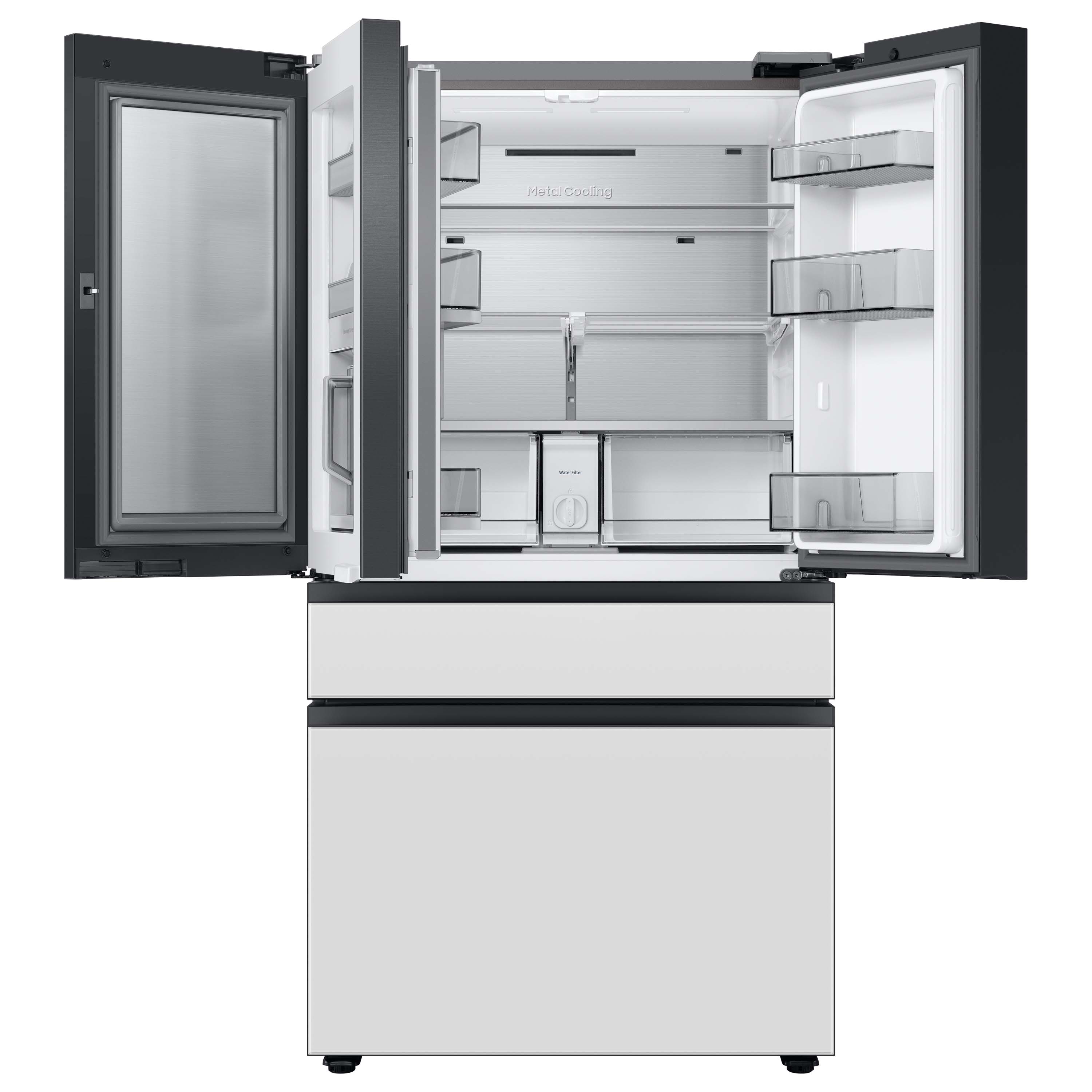 Refrigerador Francés Samsung Bespoke de 28.8 pies cúbicos de profundidad estándar con tecnología inteligente, doble fabricador de hielo, dispensador de agua y puerta adicional (vidrio blanco - todos los paneles) Certificado ENERGY STAR RF29BB860012