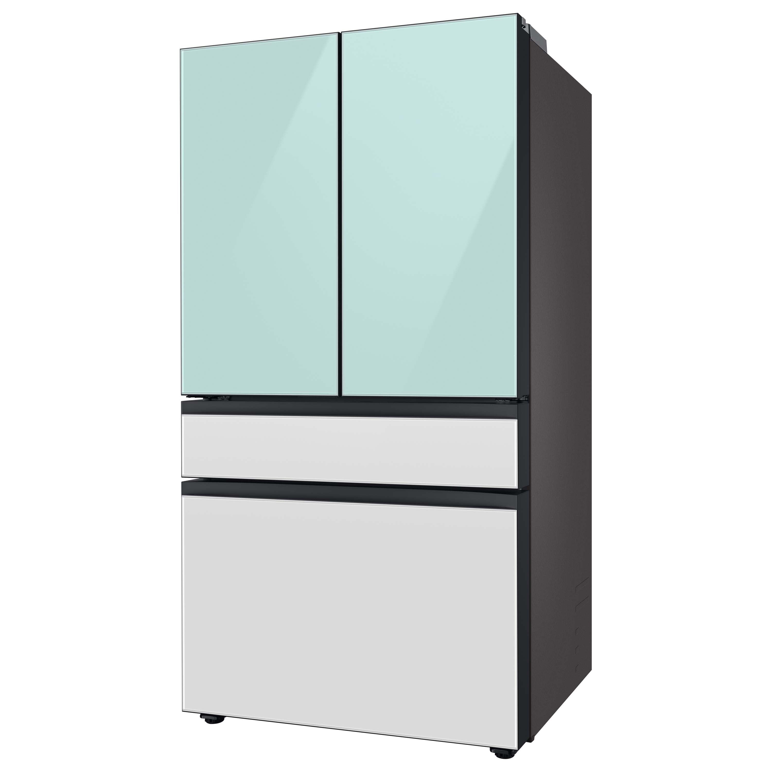 Refrigerador Francés de 4 puertas Samsung Bespoke de 28.8 pies cúbicos de profundidad estándar con doble fabricador de hielo, dispensador de agua y puerta dentro de puerta (Azul Mañanero con Paneles de Vidrio Blanco) Certificado ENERGY STAR RF29BB86004M
