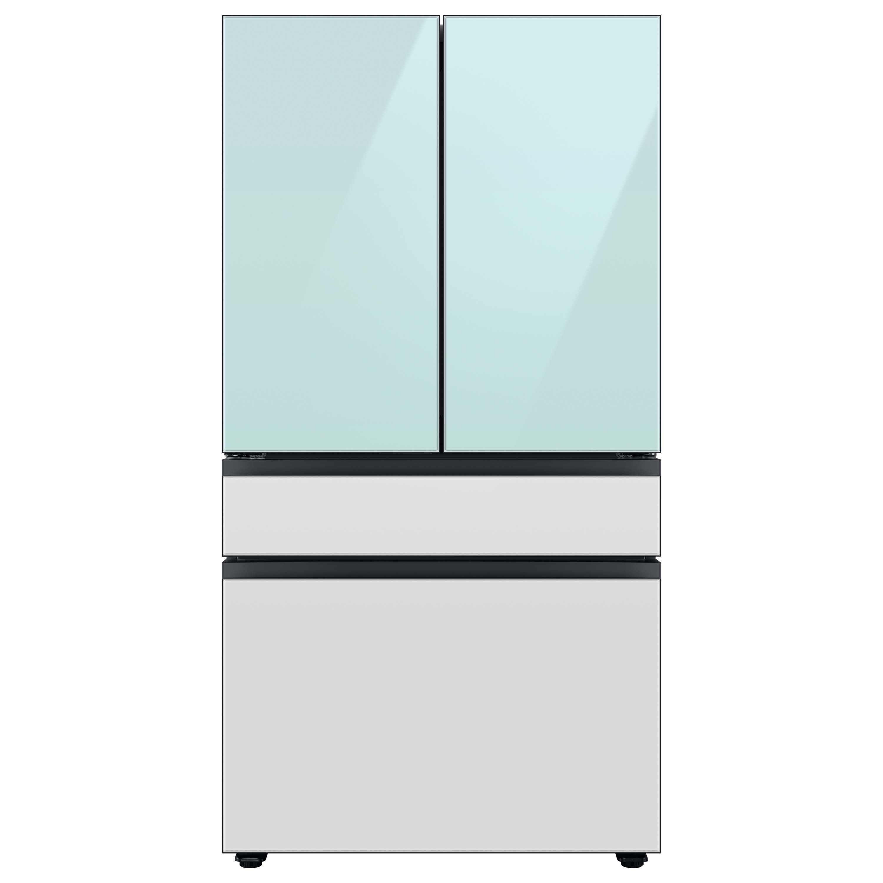 Refrigerador Francés de 4 puertas Samsung Bespoke de 28.8 pies cúbicos de profundidad estándar con doble fabricador de hielo, dispensador de agua y puerta dentro de puerta (Azul Mañanero con Paneles de Vidrio Blanco) Certificado ENERGY STAR RF29BB86004M