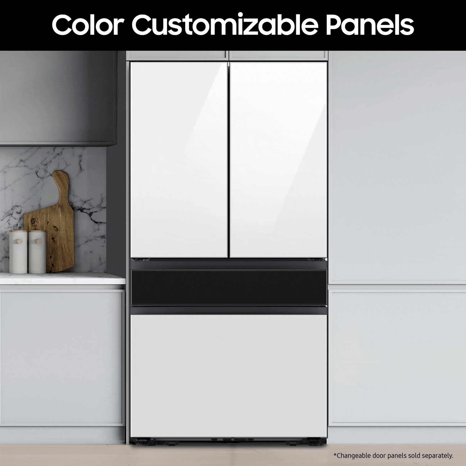 Refrigerador Francés de 4 puertas Samsung Bespoke de 28.8 pies cúbicos de profundidad estándar con doble fabricador de hielo, dispensador de agua y puerta dentro de puerta (Azul Mañanero con Paneles de Vidrio Blanco) Certificado ENERGY STAR RF29BB86004M