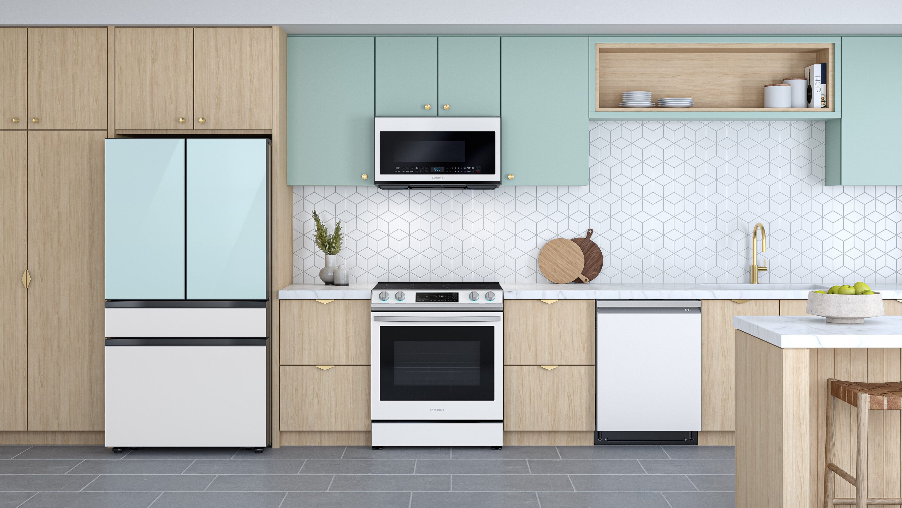 Refrigerador Francés de 4 puertas Samsung Bespoke de 28.8 pies cúbicos de profundidad estándar con doble fabricador de hielo, dispensador de agua y puerta dentro de puerta (Azul Mañanero con Paneles de Vidrio Blanco) Certificado ENERGY STAR RF29BB86004M