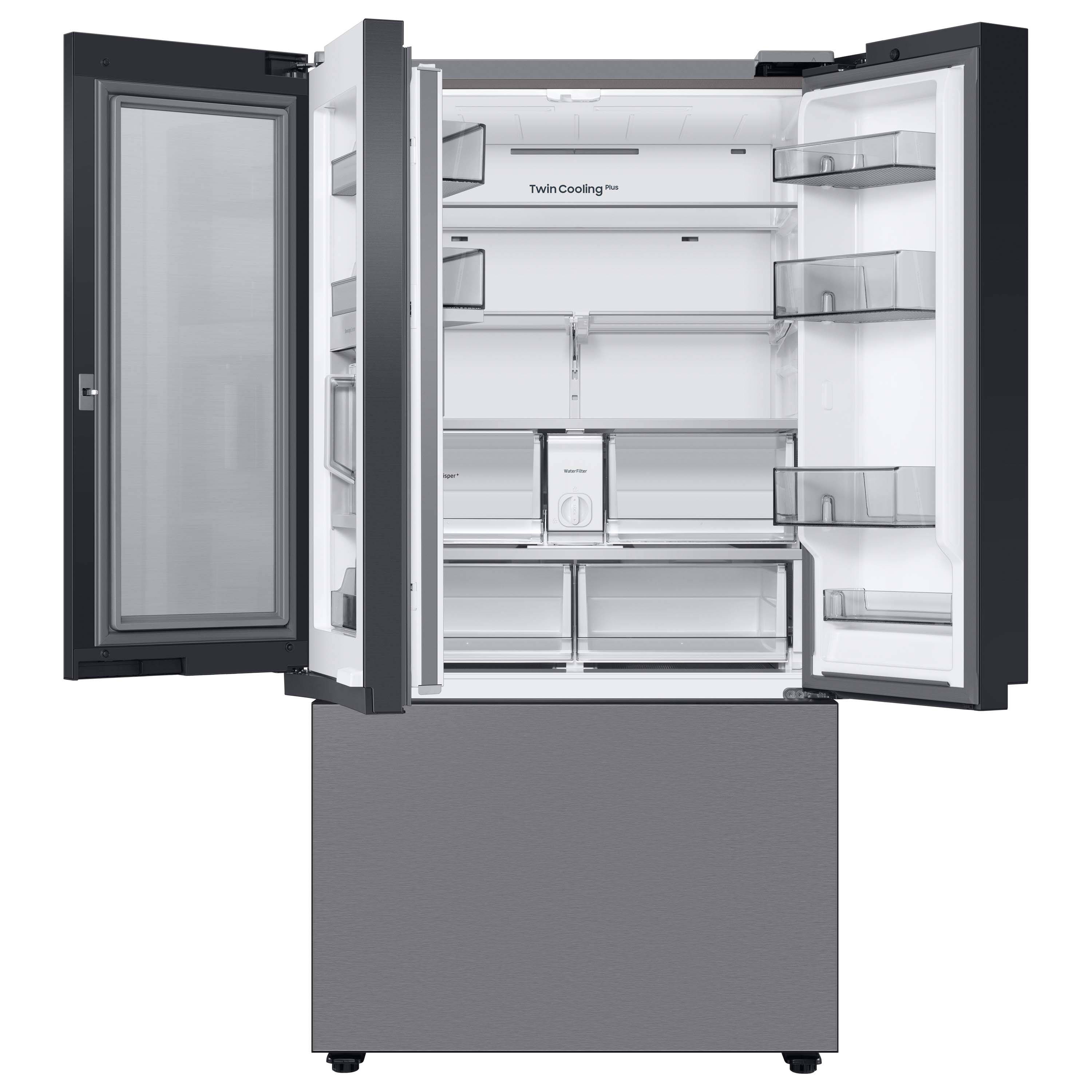 Refrigerador francés con puerta a puerta inteligente de Samsung de 30.1 pies cúbicos de profundidad estándar con fabricador de hielo doble y dispensador de agua, resistente a huellas dactilares en acero inoxidable - Todos los paneles, certificado ENERGY STAR RF30BB6600QL.