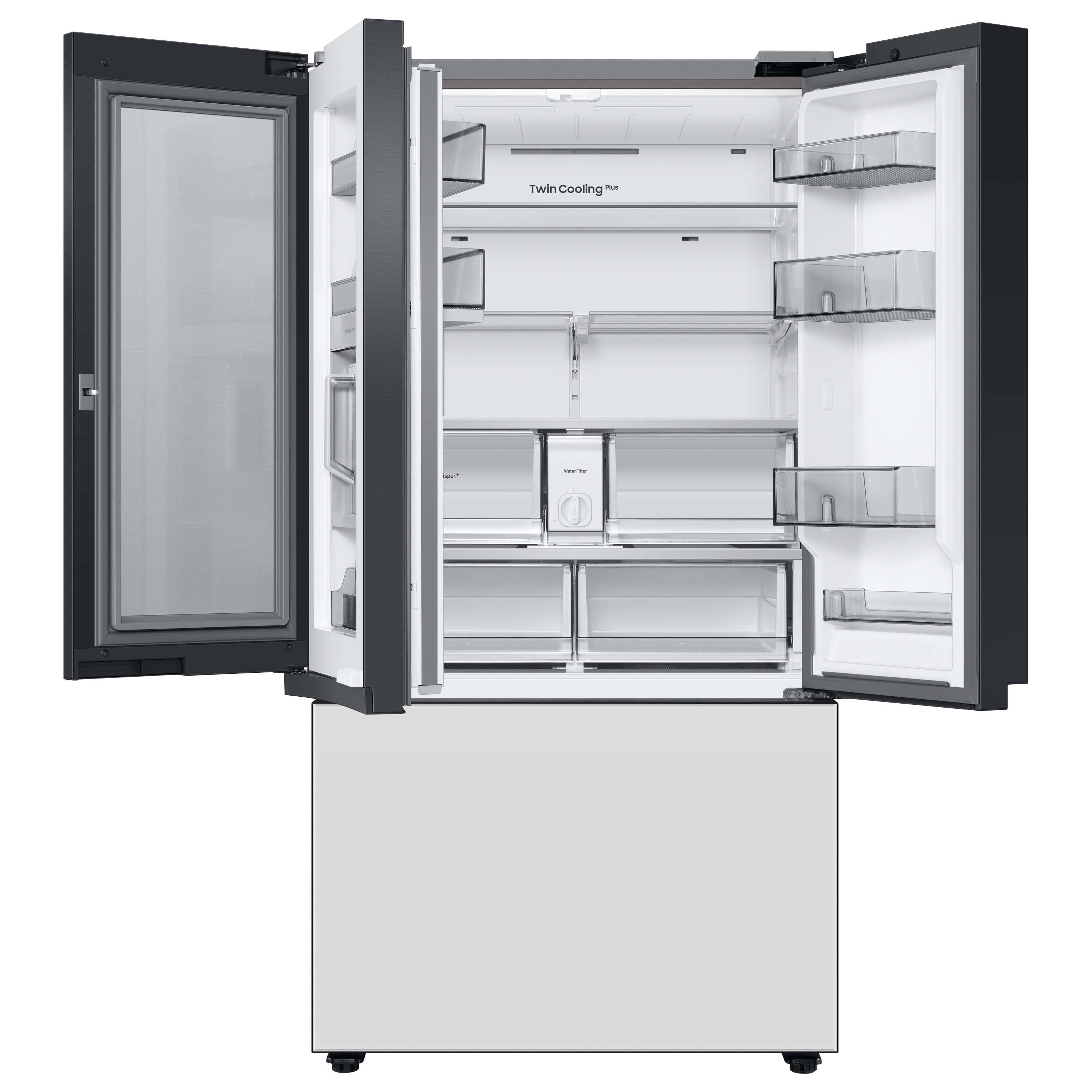 Refrigerador francés Samsung Bespoke de 30.1 pies cúbicos de profundidad estándar con 3 puertas inteligentes, fabricador doble de hielo con dispensador de agua y puerta dentro de puerta (paneles se venden por separado) certificado ENERGY STAR RF30BB6600AP