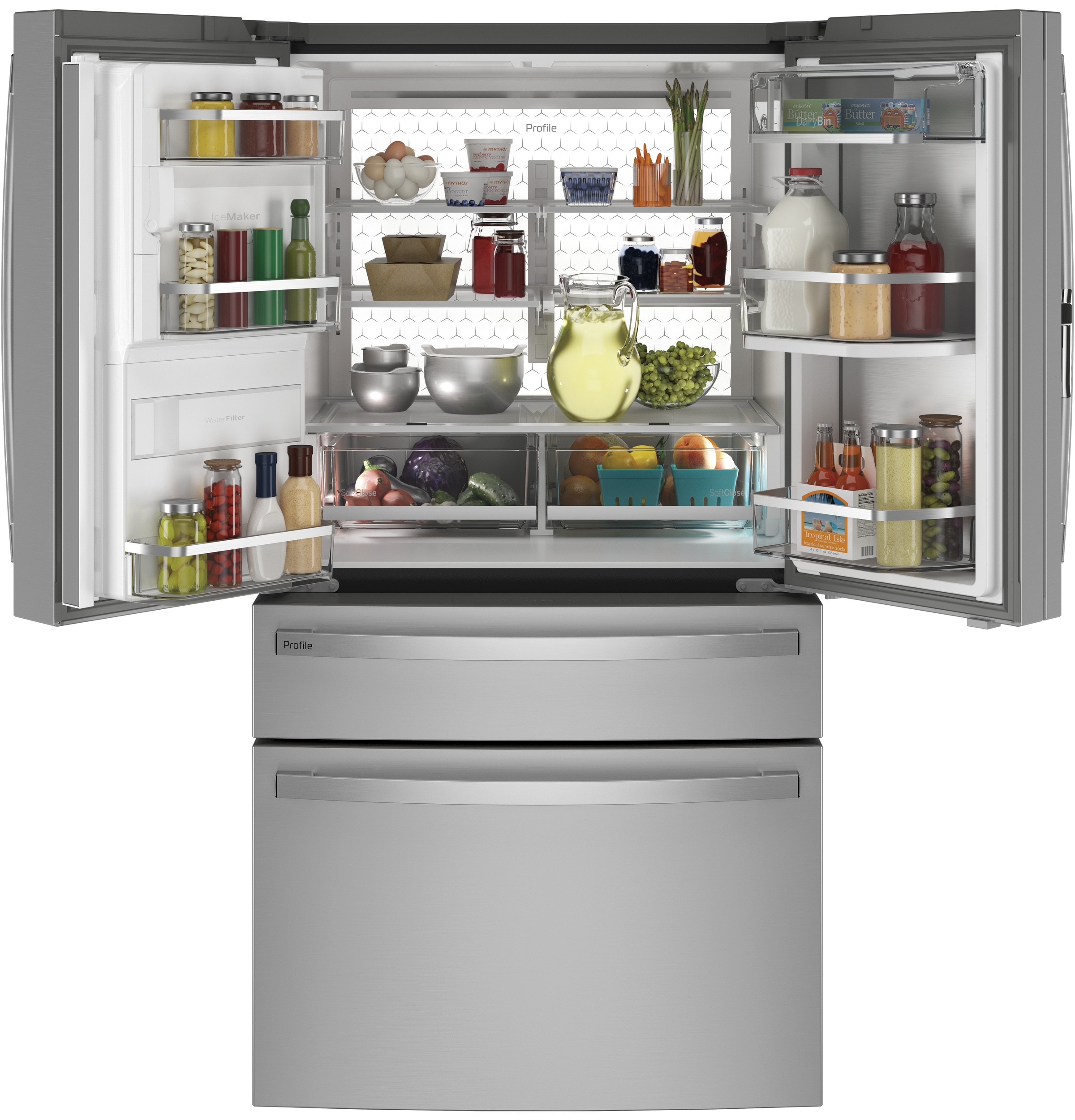 Refrigerador francés de puerta triple GE Profile de profundidad estándar de 27.9 pies cúbicos con fabricador de hielo, dispensador de agua y hielo y puerta dentro de puerta (acero inoxidable) Certificación ENERGY STAR.