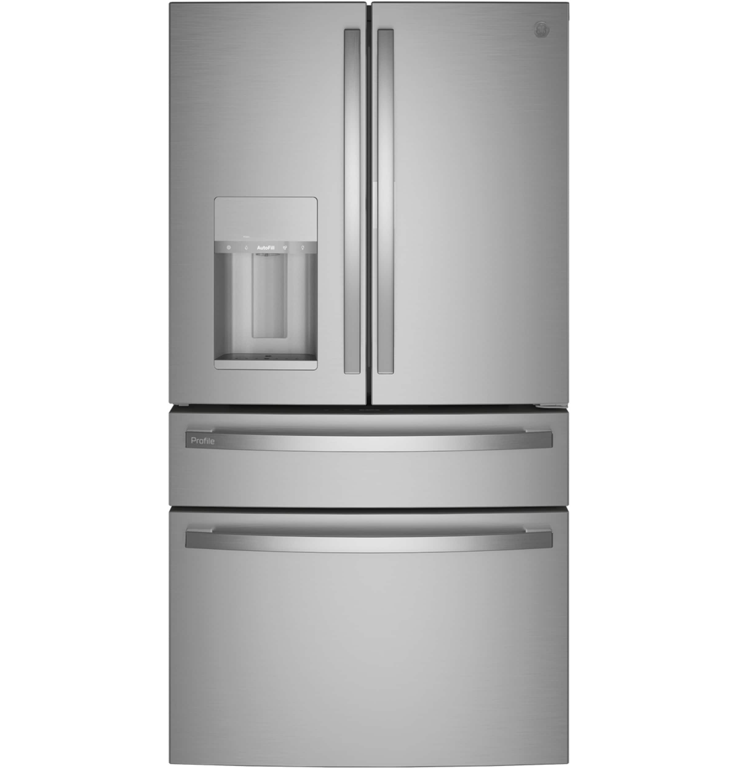 Refrigerador francés de puerta triple GE Profile de profundidad estándar de 27.9 pies cúbicos con fabricador de hielo, dispensador de agua y hielo y puerta dentro de puerta (acero inoxidable) Certificación ENERGY STAR.