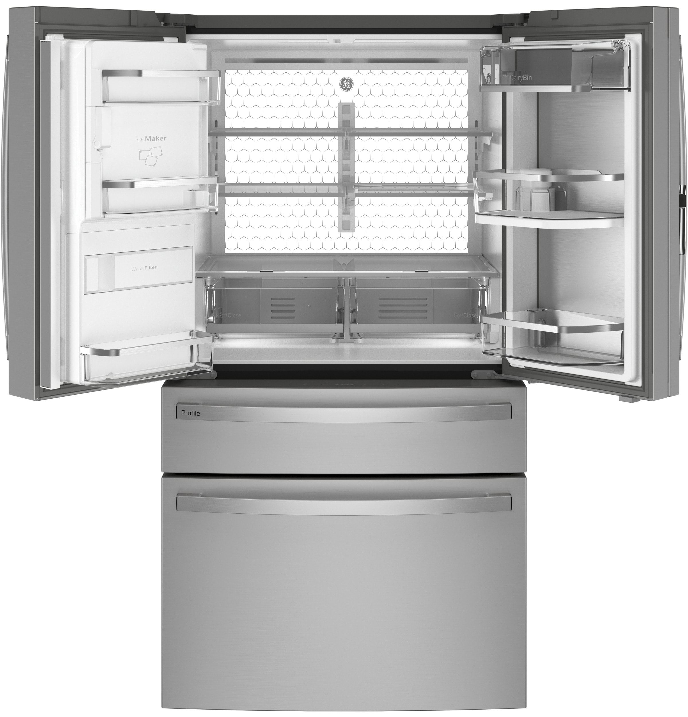 Refrigerador francés de puerta triple GE Profile de profundidad estándar de 27.9 pies cúbicos con fabricador de hielo, dispensador de agua y hielo y puerta dentro de puerta (acero inoxidable) Certificación ENERGY STAR.