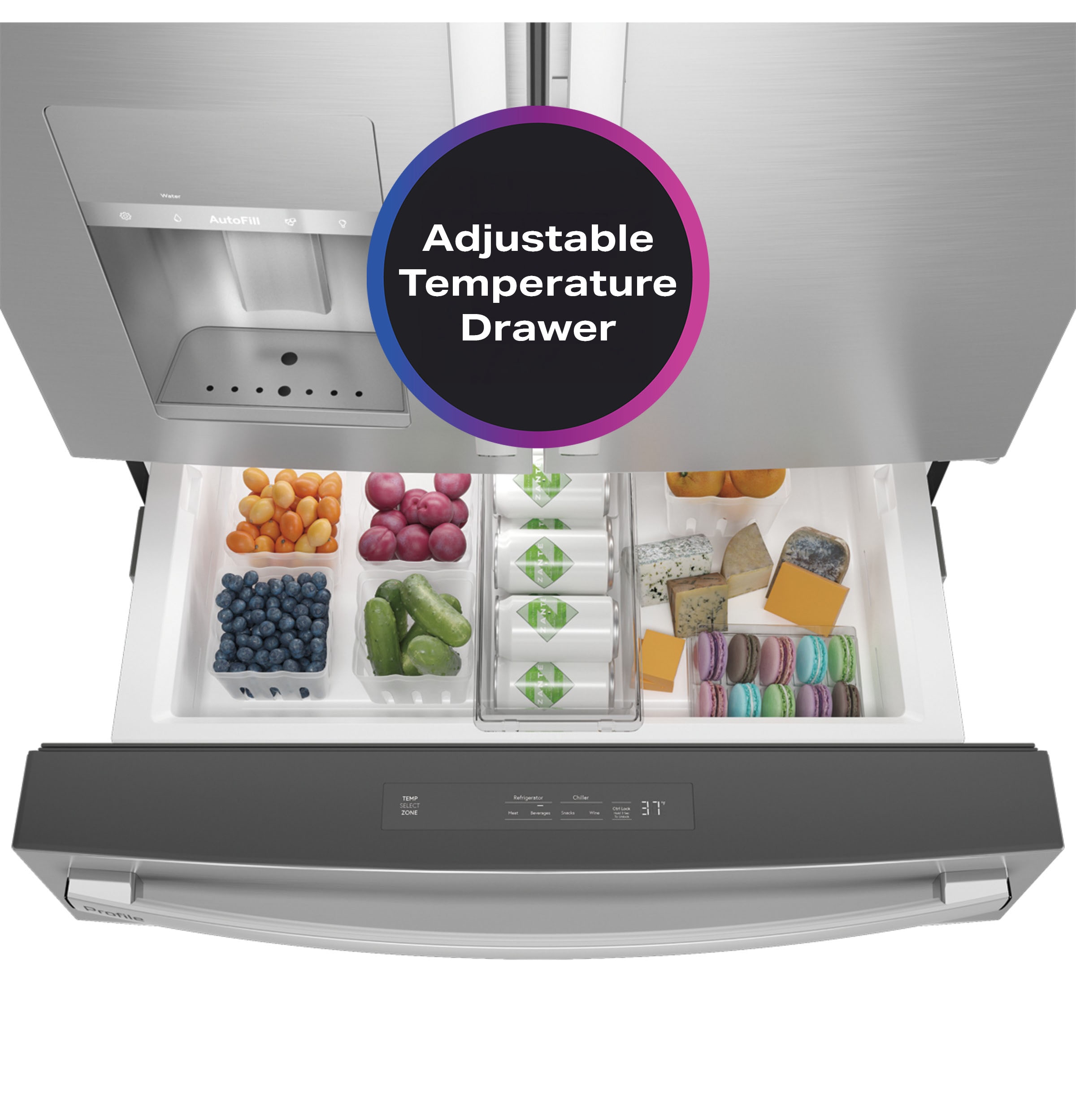 Refrigerador francés de puerta triple GE Profile de profundidad estándar de 27.9 pies cúbicos con fabricador de hielo, dispensador de agua y hielo y puerta dentro de puerta (acero inoxidable) Certificación ENERGY STAR.