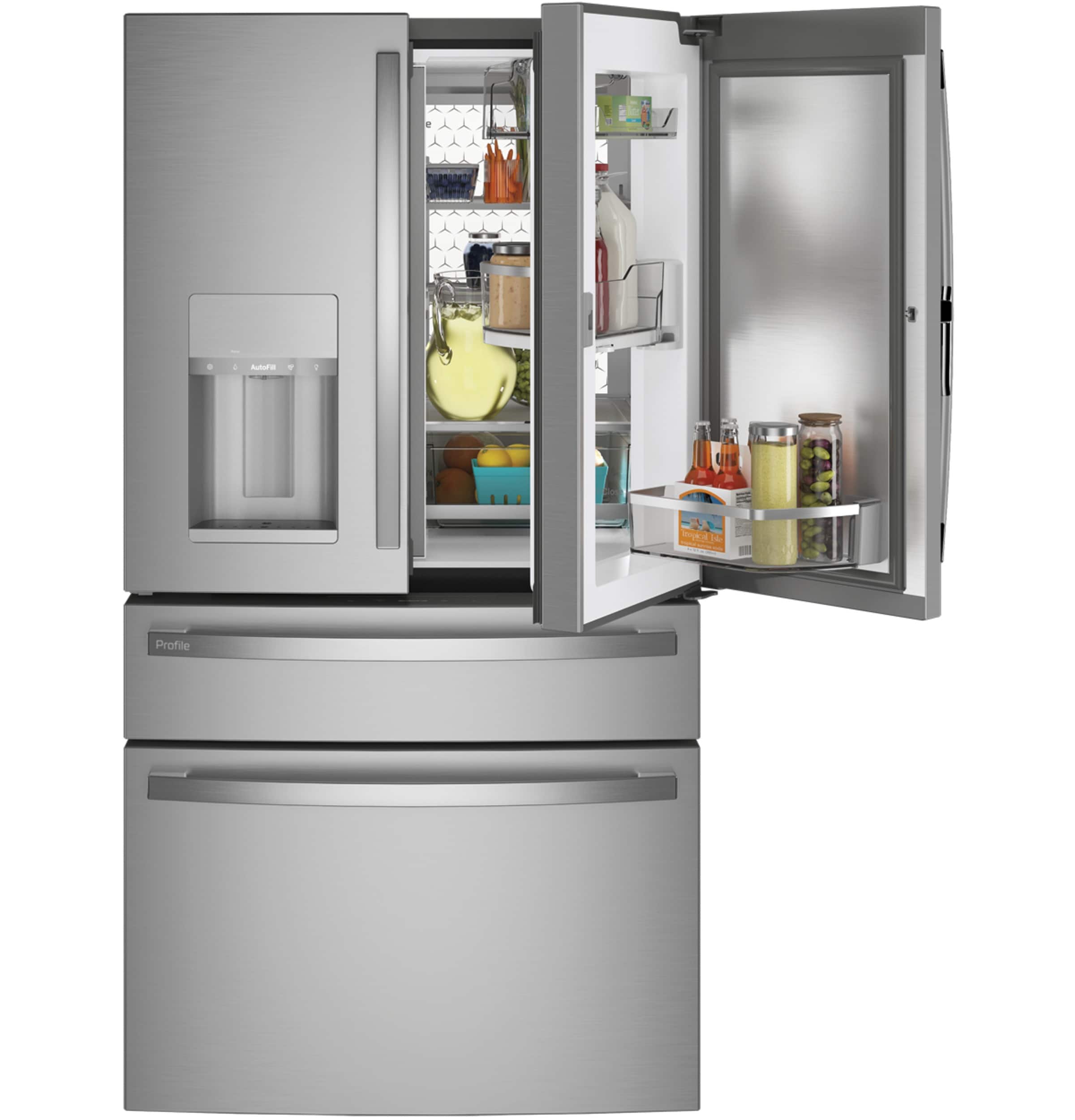 Refrigerador francés de puerta triple GE Profile de profundidad estándar de 27.9 pies cúbicos con fabricador de hielo, dispensador de agua y hielo y puerta dentro de puerta (acero inoxidable) Certificación ENERGY STAR.