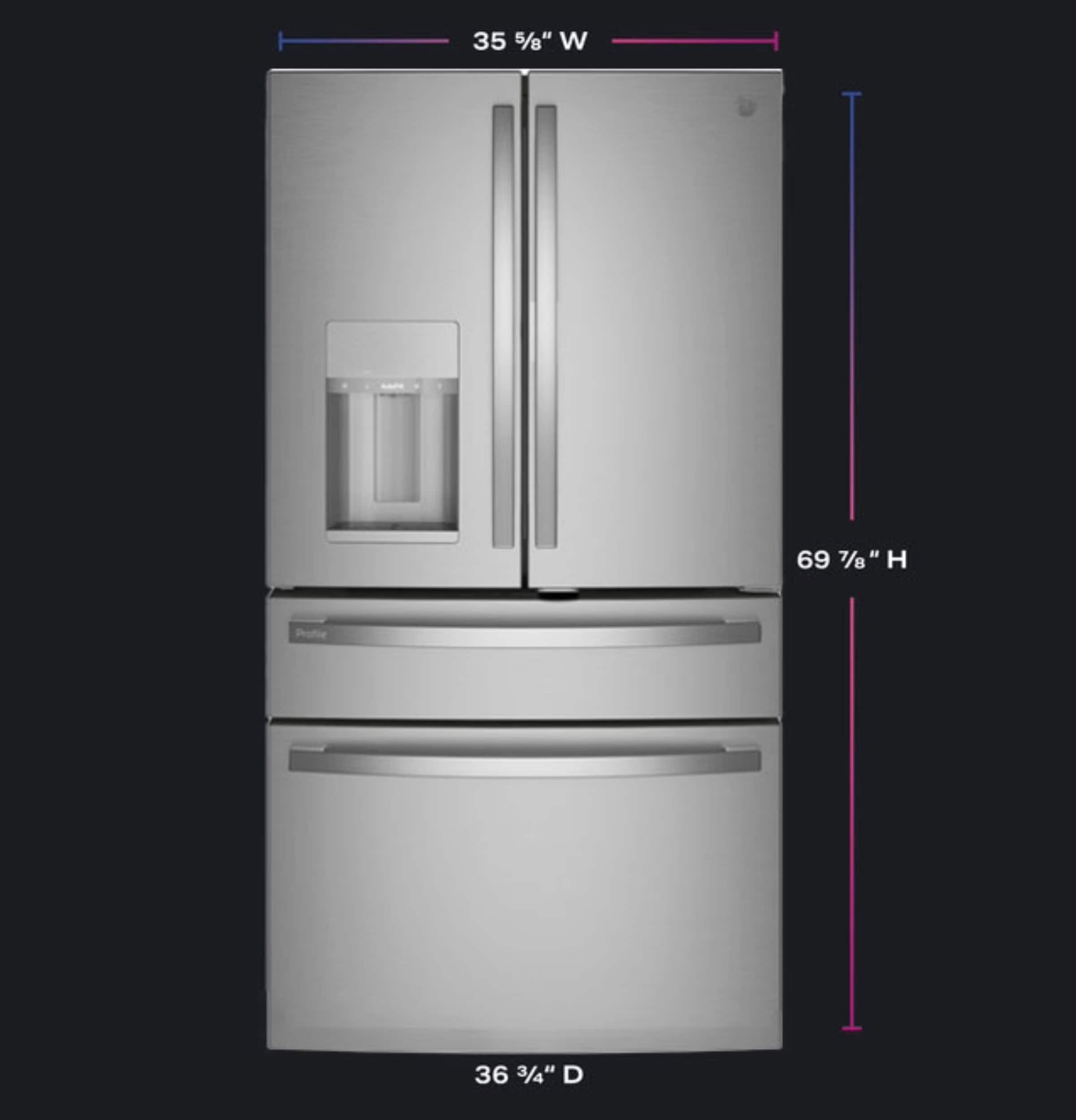 Refrigerador francés de puerta triple GE Profile de profundidad estándar de 27.9 pies cúbicos con fabricador de hielo, dispensador de agua y hielo y puerta dentro de puerta (acero inoxidable) Certificación ENERGY STAR.