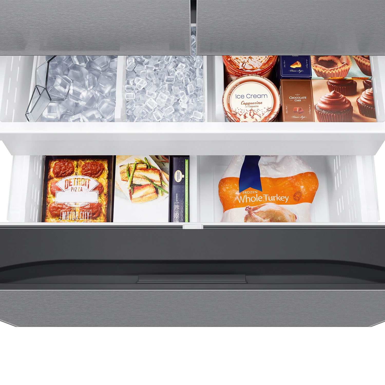Refrigerador francés Samsung de puerta francesa compatible con tecnología inteligente, con capacidad mega de 25.5 pies cúbicos y profundidad de mostrador, con doble fabricador de hielo y dispensador de agua y hielo (con resistencia a huellas dactilares) certificado ENERGY STAR RF27CG5400SR