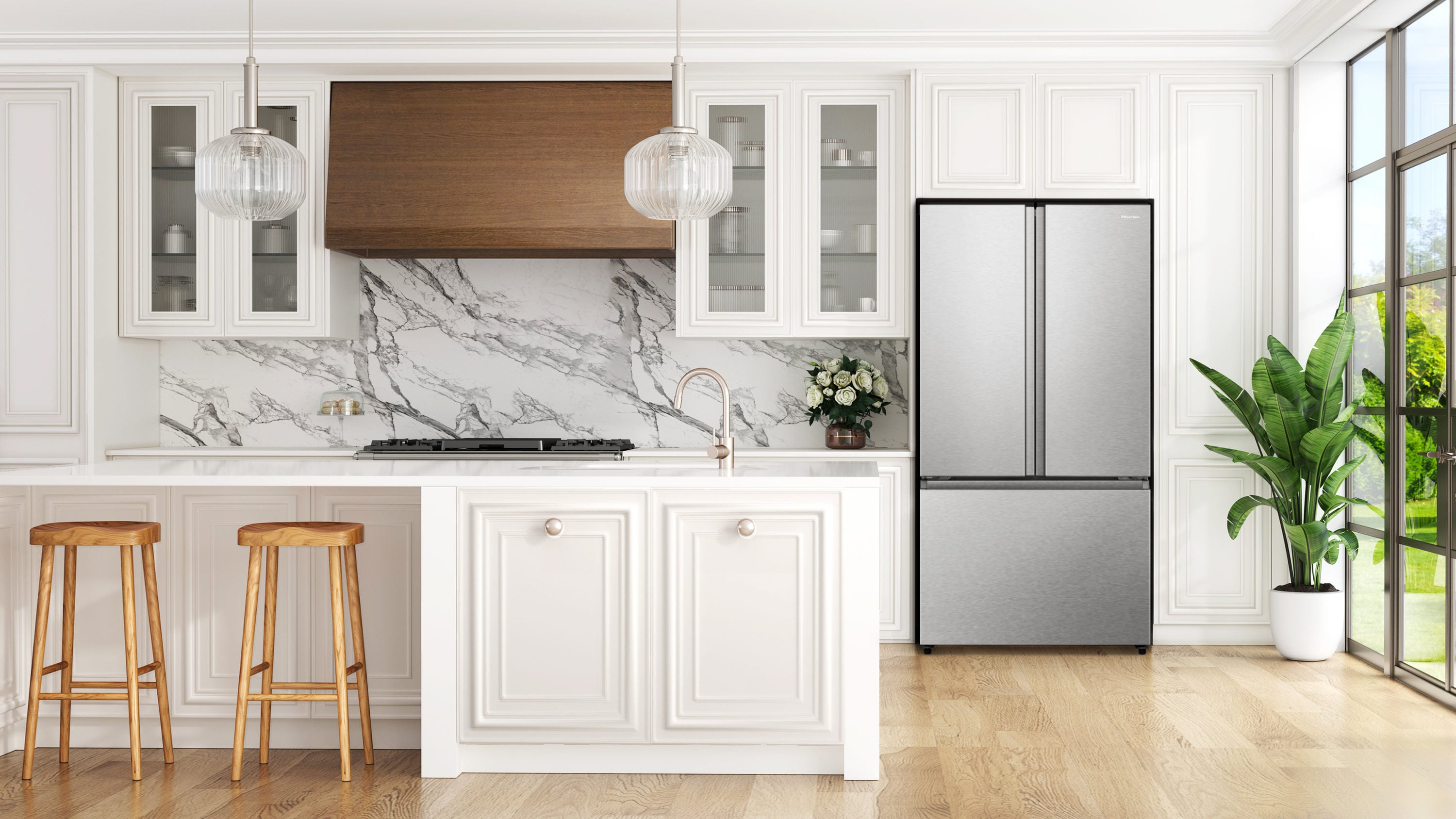 Refrigerador de Puerta Francesa Hisense de 21.2 pies cúbicos con profundidad de mostrador y dispensador de hielo y agua (Acero inoxidable resistente a huellas dactilares) Certificado ENERGY STAR HRF209N6CSE