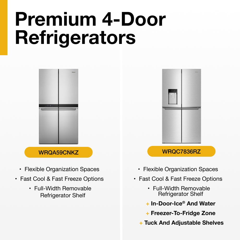 Refrigerador Whirlpool de Puerta Francesa con Hielera y Acabado de Acero Inoxidable Resistente a las Huellas Dactilares de 19.4 pies cúbicos de Profundidad de Mostrador, Certificado ENERGY STAR.