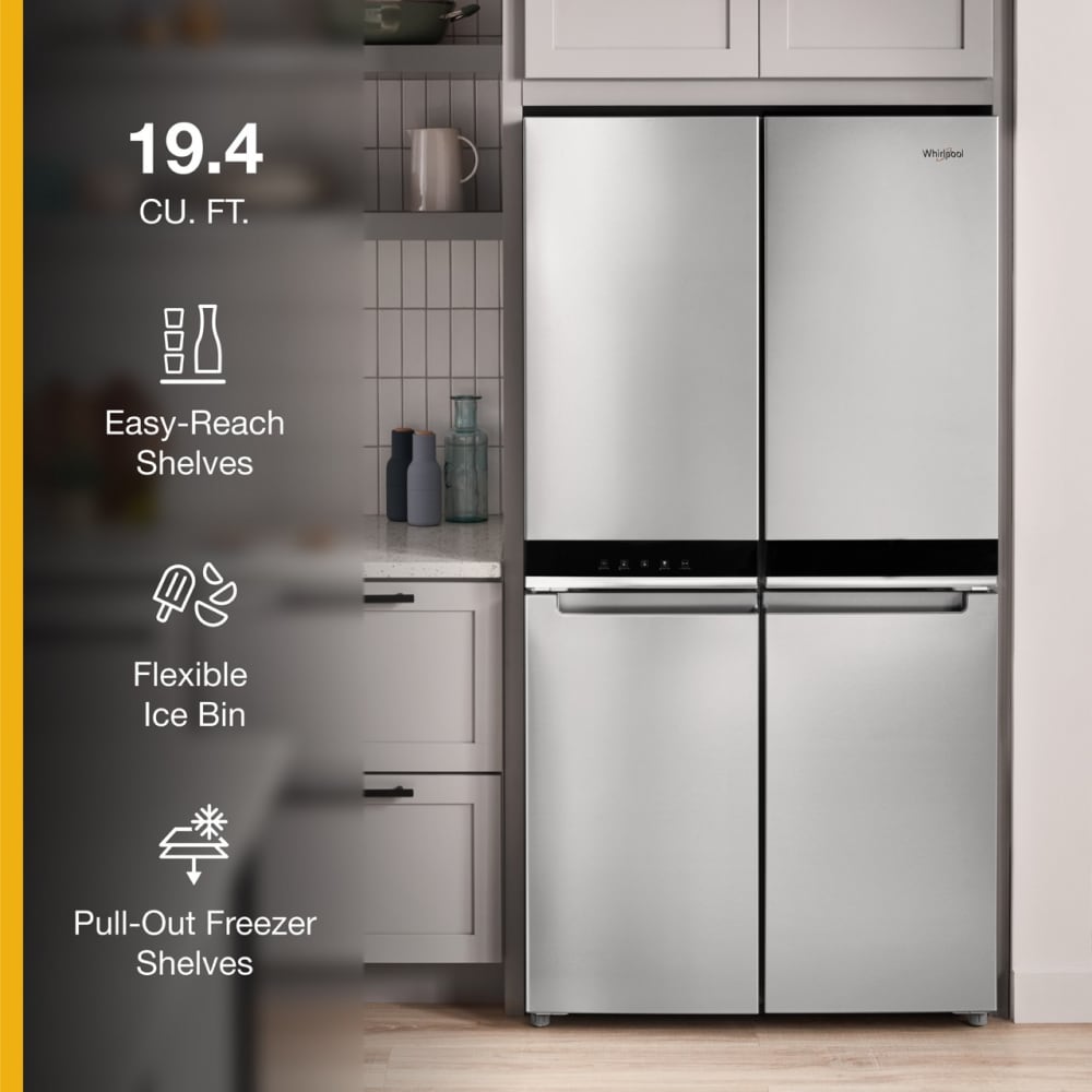 Refrigerador Whirlpool de Puerta Francesa con Hielera y Acabado de Acero Inoxidable Resistente a las Huellas Dactilares de 19.4 pies cúbicos de Profundidad de Mostrador, Certificado ENERGY STAR.