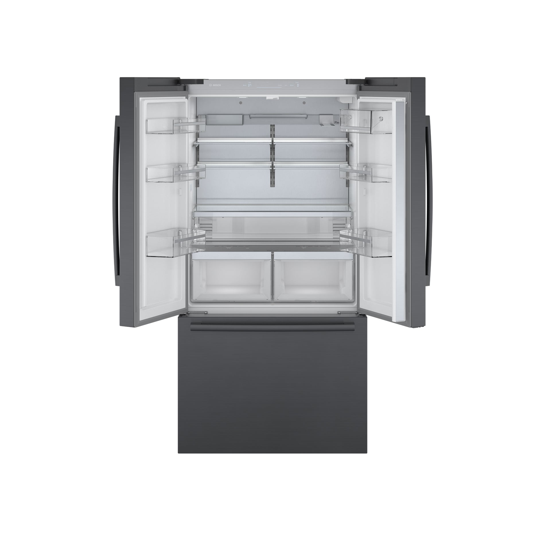 Refrigerador de puerta francesa de 3 puertas Bosch Serie 800 de 21 pies cúbicos de profundidad de mostrador con fabricador de hielo y dispensador de agua (Acero inoxidable negro) Certificado ENERGY STAR B36CT80SNB