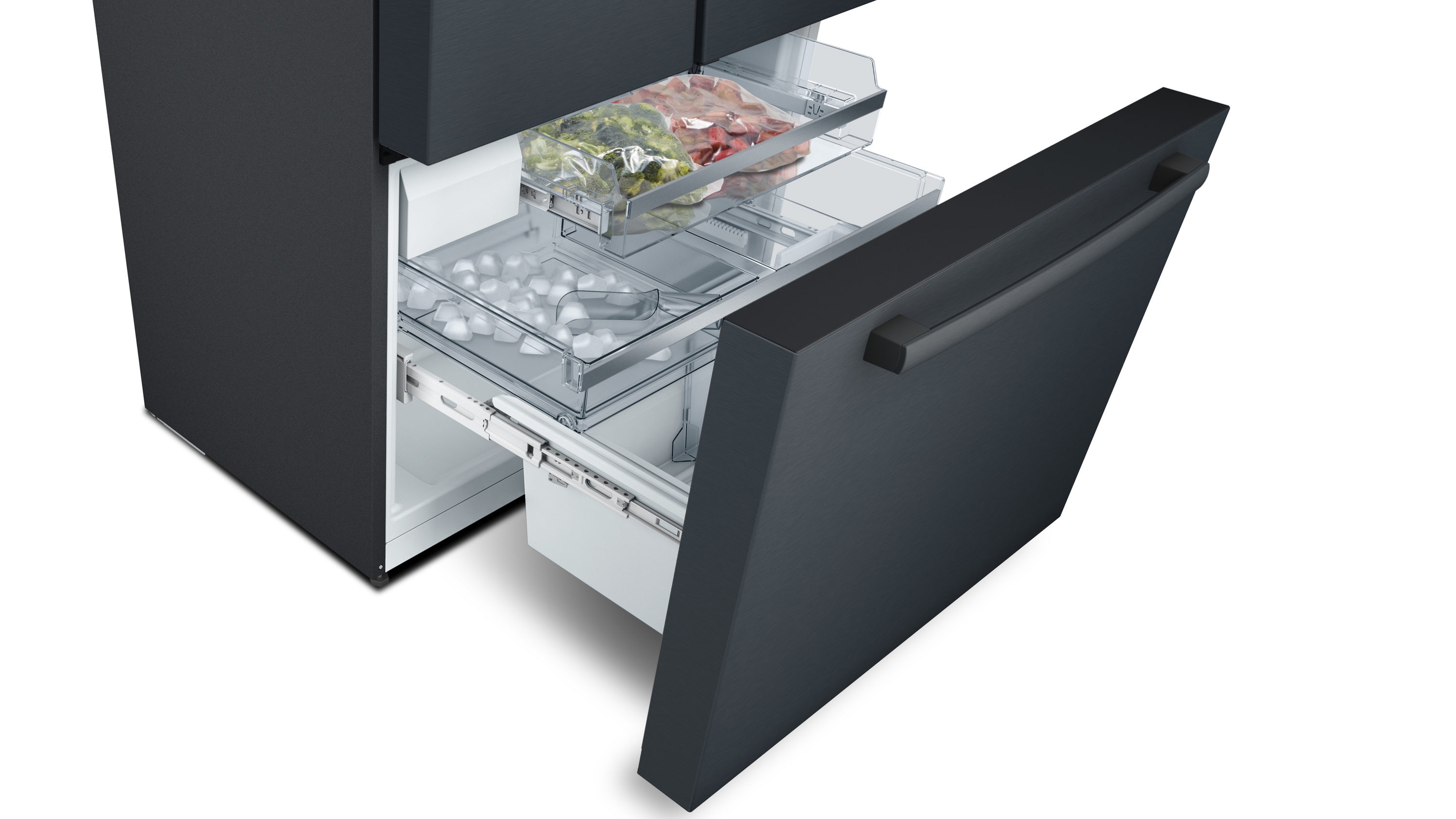 Refrigerador de puerta francesa de 3 puertas Bosch Serie 800 de 21 pies cúbicos de profundidad de mostrador con fabricador de hielo y dispensador de agua (Acero inoxidable negro) Certificado ENERGY STAR B36CT80SNB