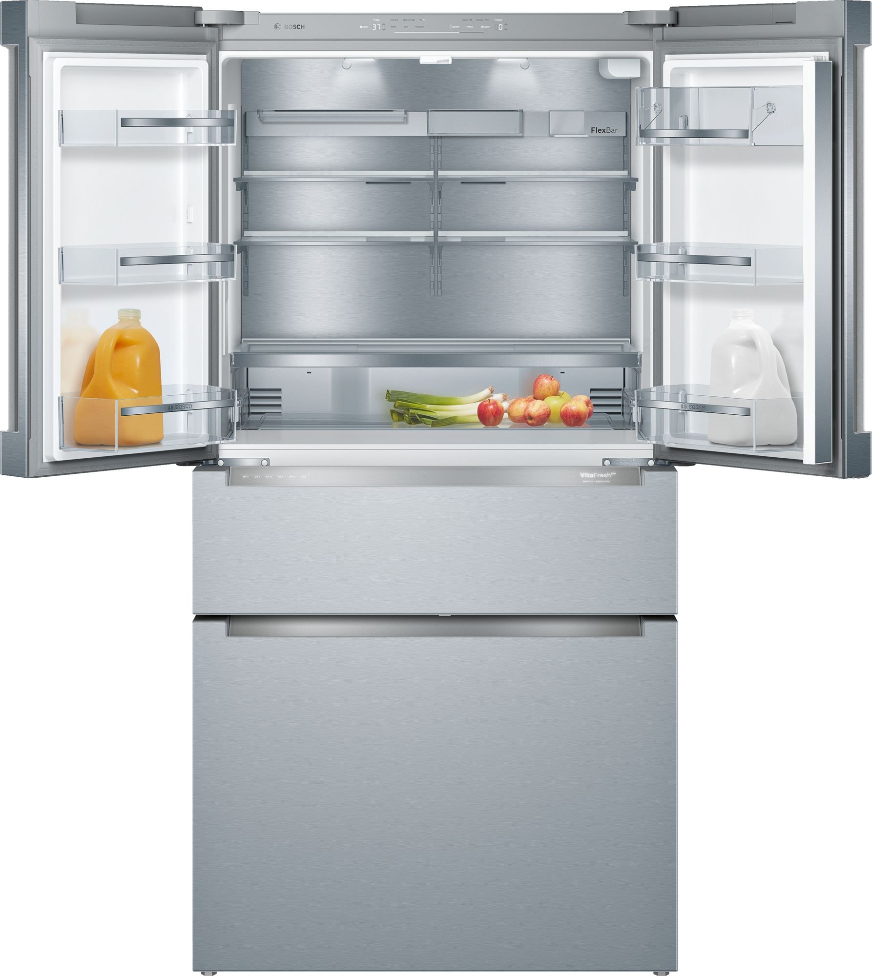 Refrigerador Francés de 4 puertas de profundidad de mostrador Bosch Serie 800 de 21 pies cúbicos con fabricador de hielo y dispensador de agua (acero inoxidable) Certificado ENERGY STAR B36CL80ENS