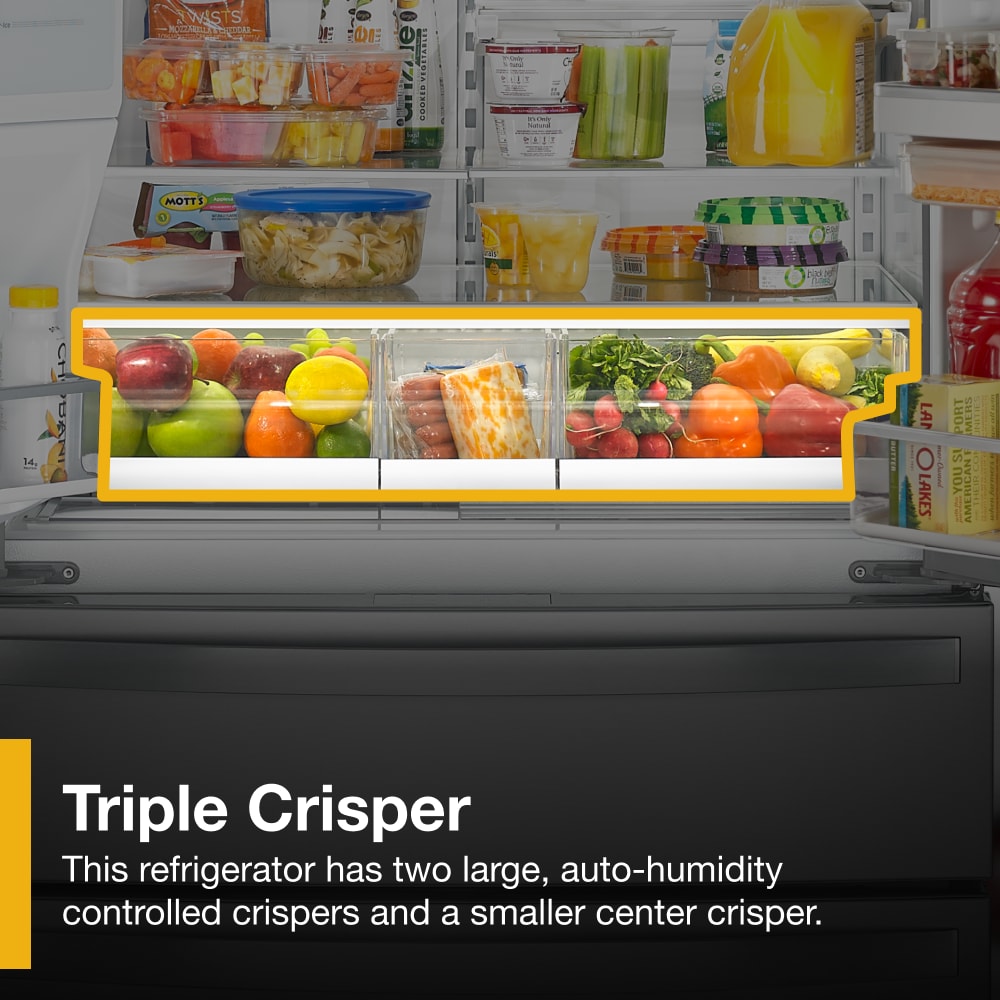 Refrigerador francés de 4 puertas de 26 pies cúbicos de profundidad estándar de Whirlpool con fábrica de hielo y dispensador de agua y hielo (Acero inoxidable resistente a las huellas dactilares) WRMF7736PZ
