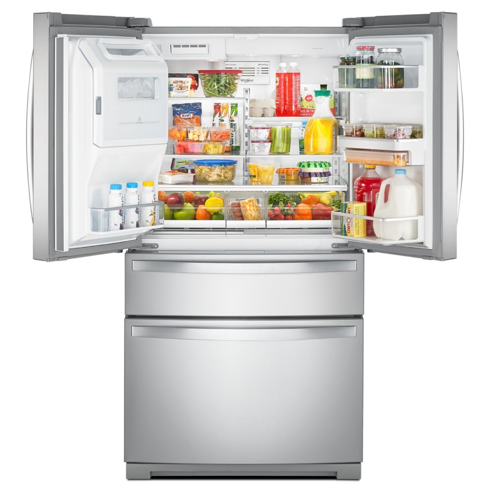 Refrigerador francés de 4 puertas de 26 pies cúbicos de profundidad estándar de Whirlpool con fábrica de hielo y dispensador de agua y hielo (Acero inoxidable resistente a las huellas dactilares) WRMF7736PZ