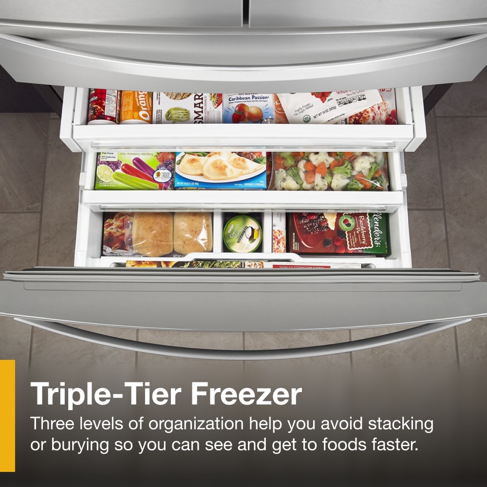 Refrigerador francés de 4 puertas de 26 pies cúbicos de profundidad estándar de Whirlpool con fábrica de hielo y dispensador de agua y hielo (Acero inoxidable resistente a las huellas dactilares) WRMF7736PZ