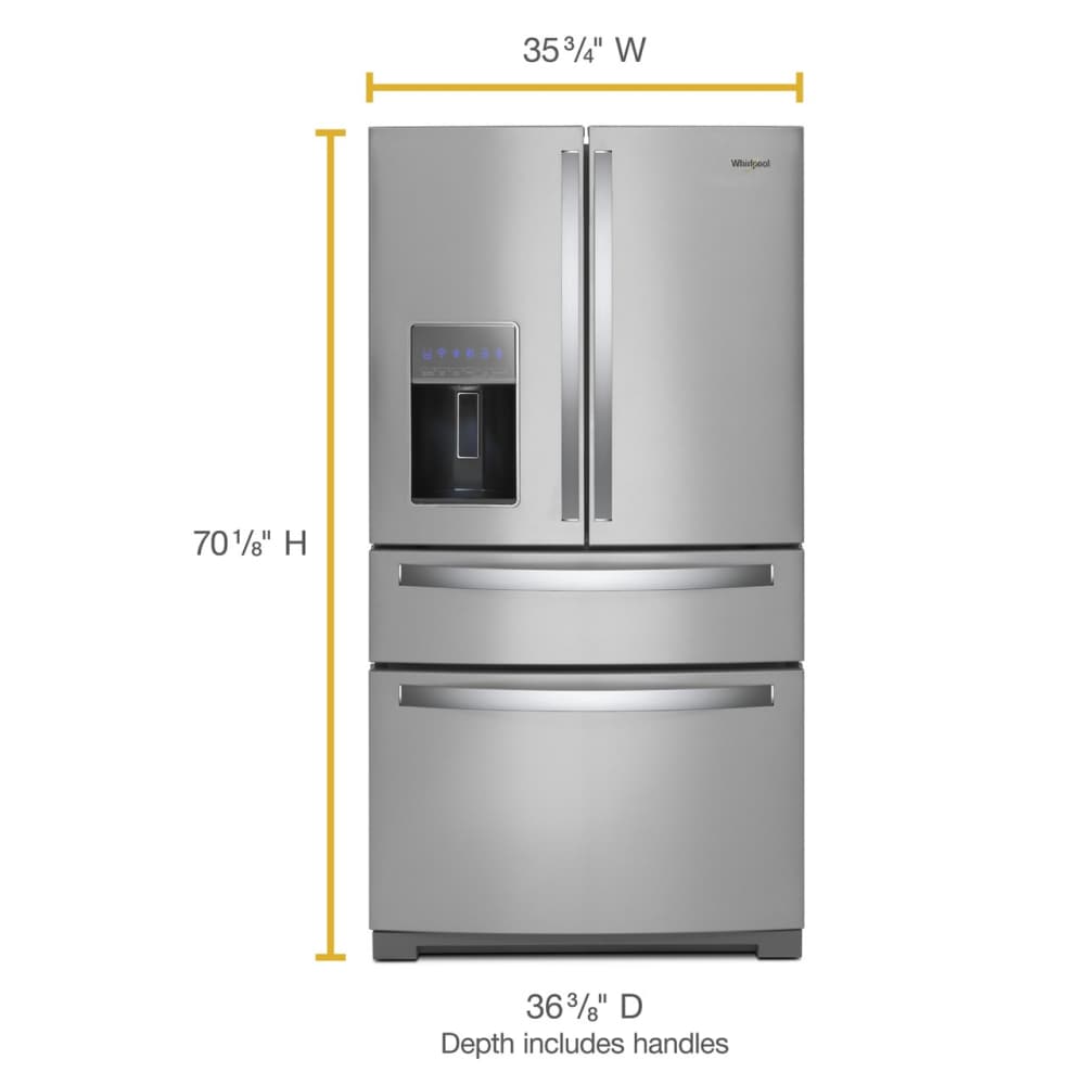 Refrigerador francés de 4 puertas de 26 pies cúbicos de profundidad estándar de Whirlpool con fábrica de hielo y dispensador de agua y hielo (Acero inoxidable resistente a las huellas dactilares) WRMF7736PZ