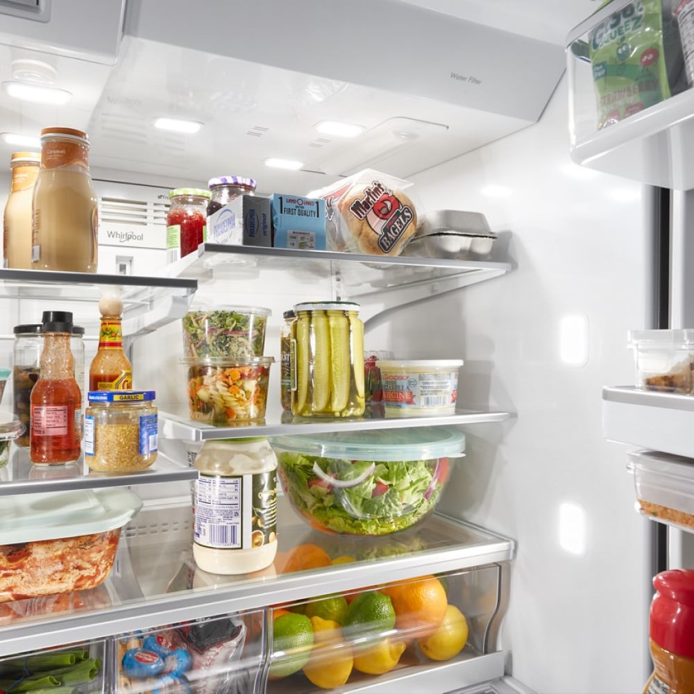 Refrigerador francés de 4 puertas de 26 pies cúbicos de profundidad estándar de Whirlpool con fábrica de hielo y dispensador de agua y hielo (Acero inoxidable resistente a las huellas dactilares) WRMF7736PZ