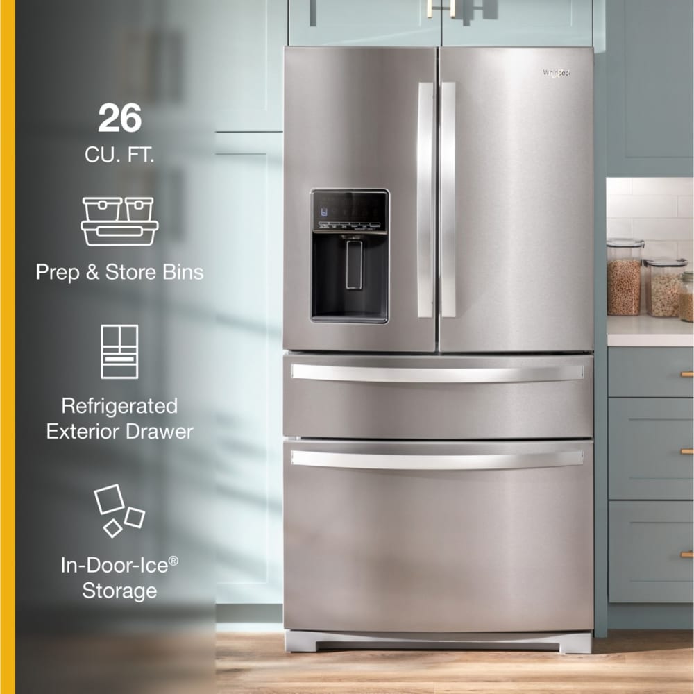 Refrigerador francés de 4 puertas de 26 pies cúbicos de profundidad estándar de Whirlpool con fábrica de hielo y dispensador de agua y hielo (Acero inoxidable resistente a las huellas dactilares) WRMF7736PZ