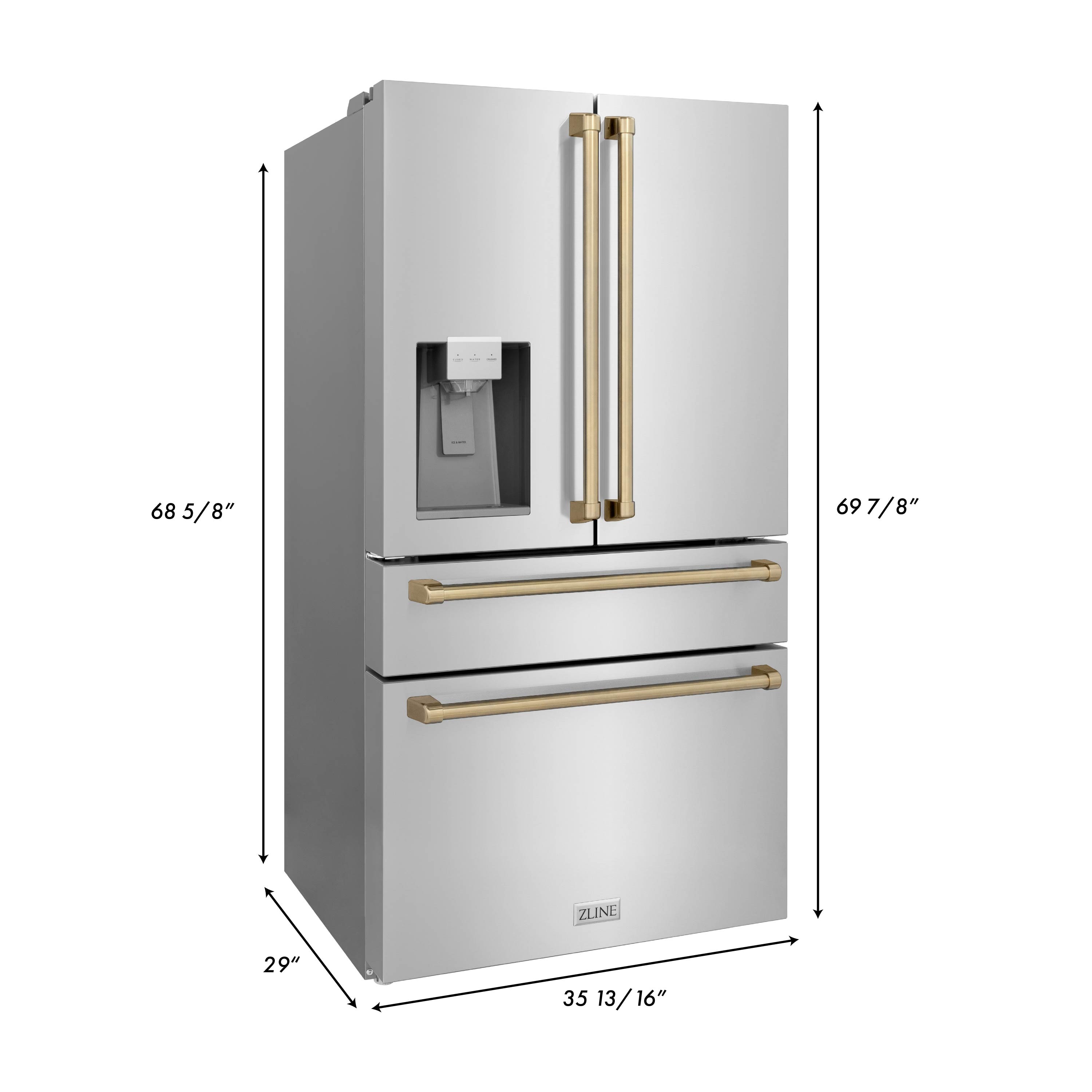 Refrigerador de Puerta Francesa de 4 Puertas ZLINE KITCHEN & BATH Counter-Depth Autograph Edition 21.6 pies cúbicos con Fabricador de Hielo y Dispensador de Agua ( Acabado en Acero Inoxidable Resistente a Huellas con Detalles en Bronce Champagne ) Certificado ENERGY STAR RFMZ-W-36-CB