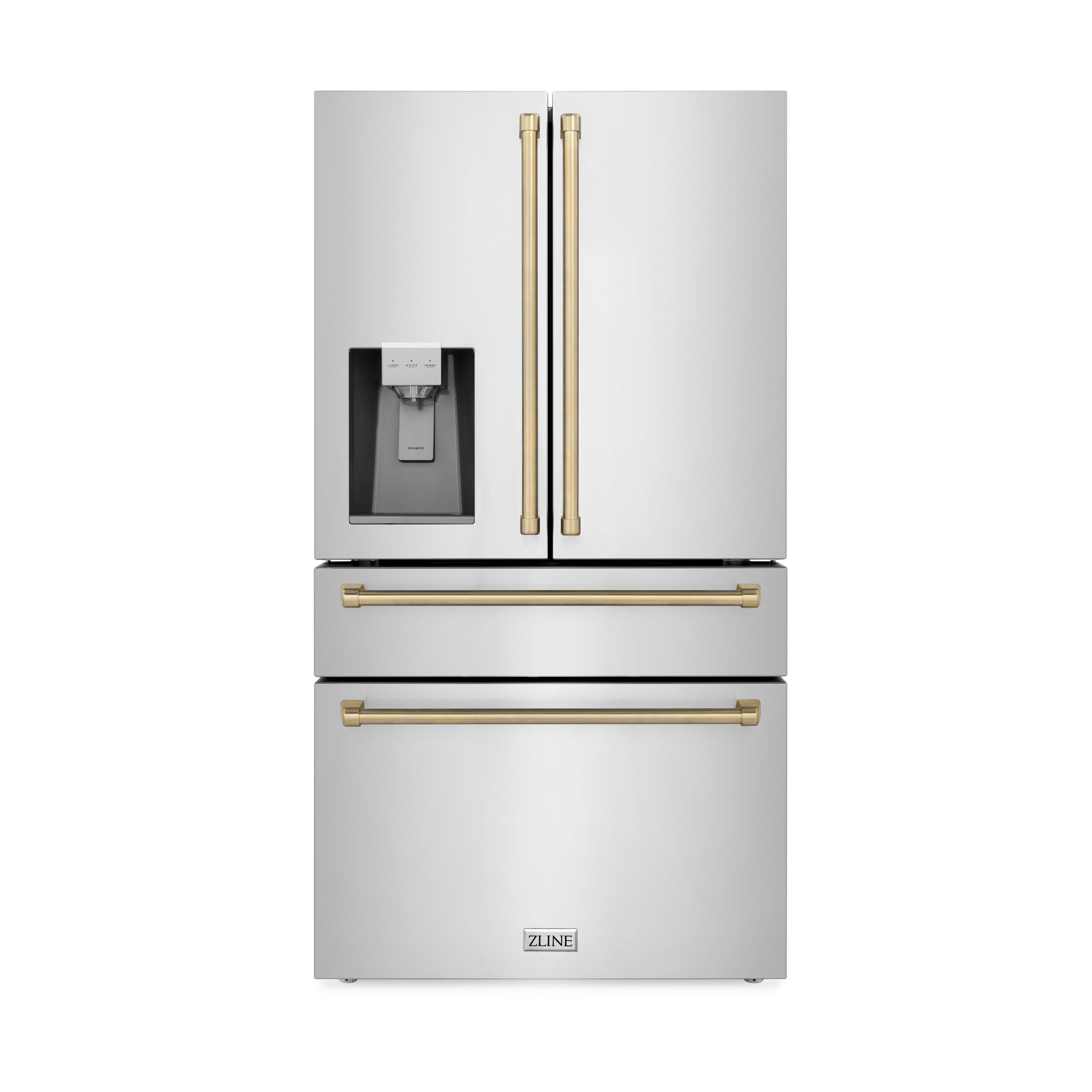 Refrigerador de Puerta Francesa de 4 Puertas ZLINE KITCHEN & BATH Counter-Depth Autograph Edition 21.6 pies cúbicos con Fabricador de Hielo y Dispensador de Agua ( Acabado en Acero Inoxidable Resistente a Huellas con Detalles en Bronce Champagne ) Certificado ENERGY STAR RFMZ-W-36-CB